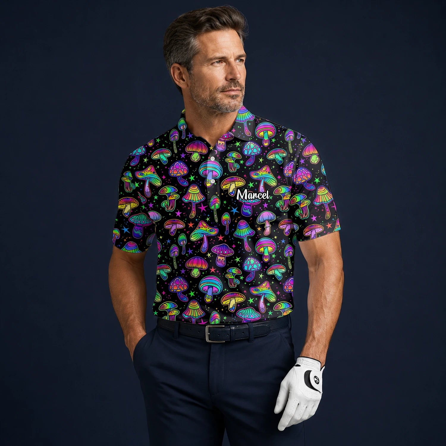 Personalised Black Neon Mushroom Psychedelic Golf Polo Shirt For Men L0182