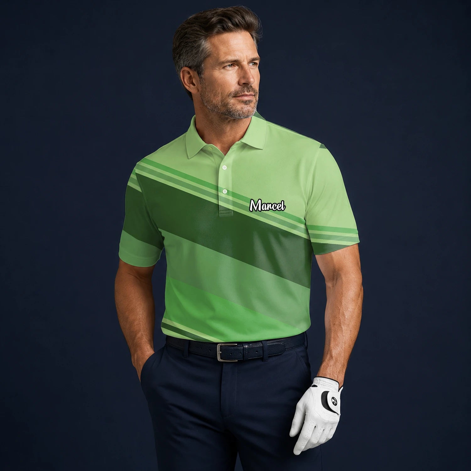 Personalised Light Green Geometric Stripe Golf Polo Shirt For Men S1599