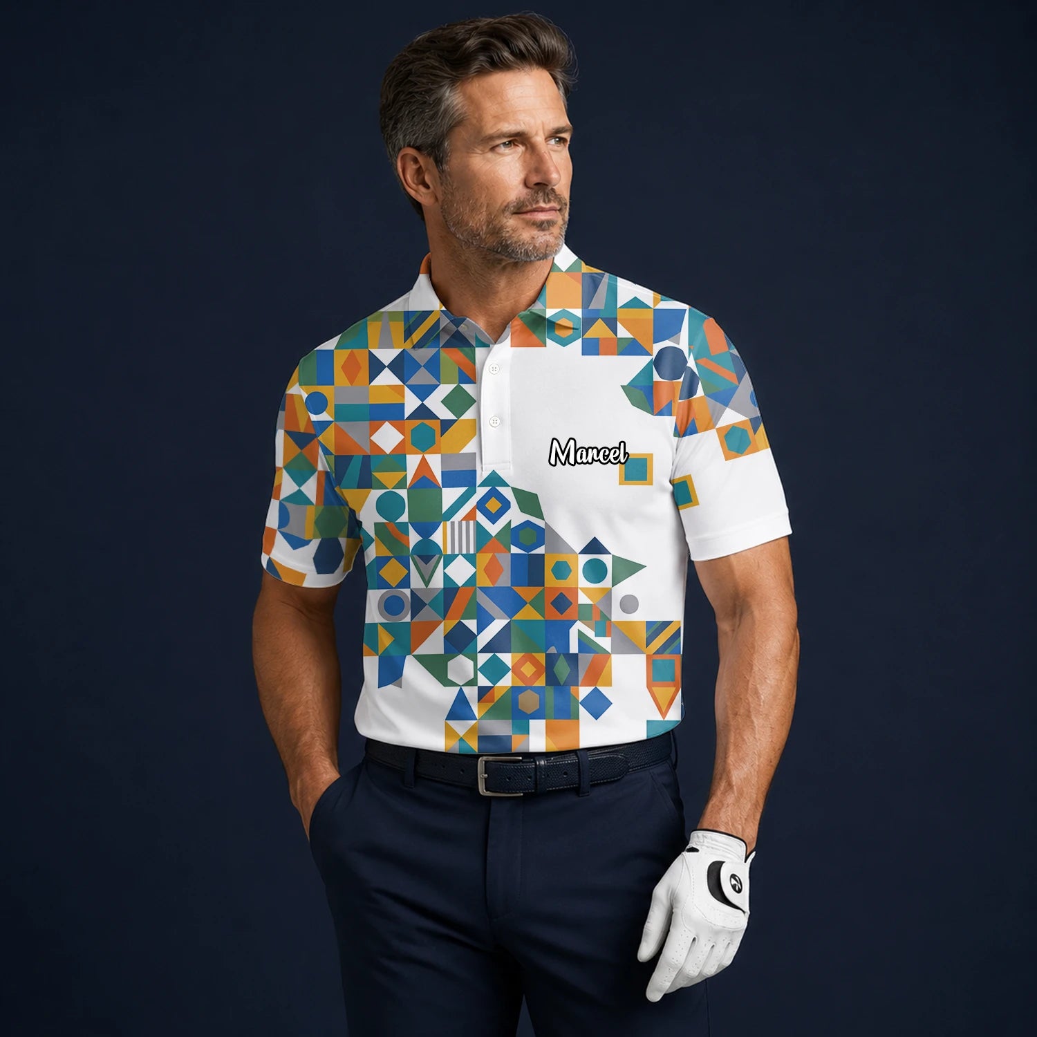 Personalised White Teal Orange Geometric Patchwork Golf Polo Shirt For Men K5362