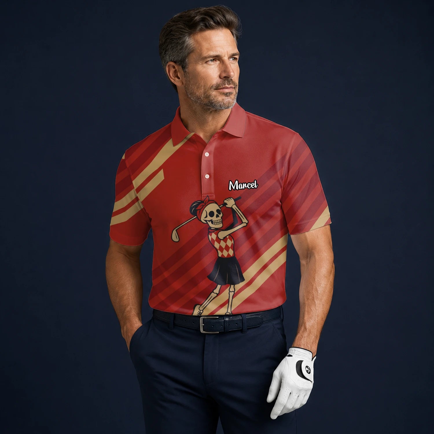 Personalised Red Skeleton Golfer Cartoon Golf Polo Shirt For Men Y0970