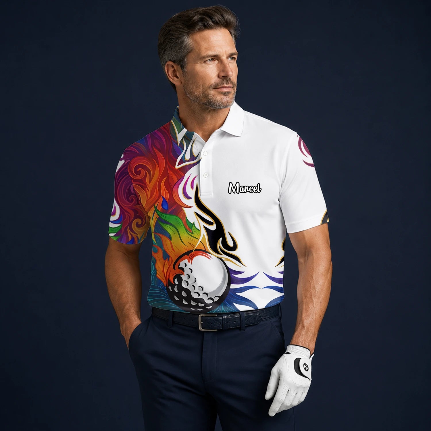 Personalised White Rainbow Flame Golf Ball Golf Polo Shirt For Men P6012
