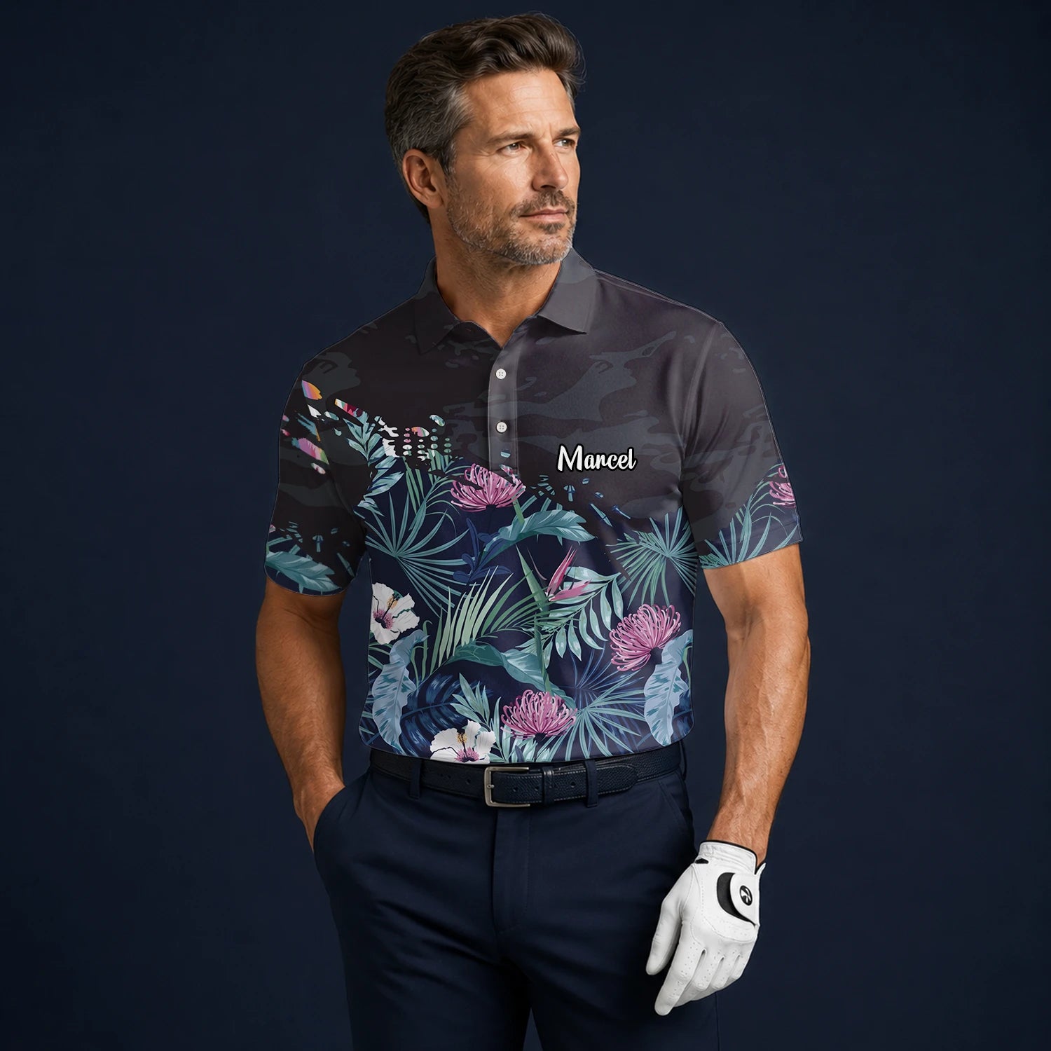 Personalised Navy Tropical Floral Leaf Golf Polo Shirt For Men N4110