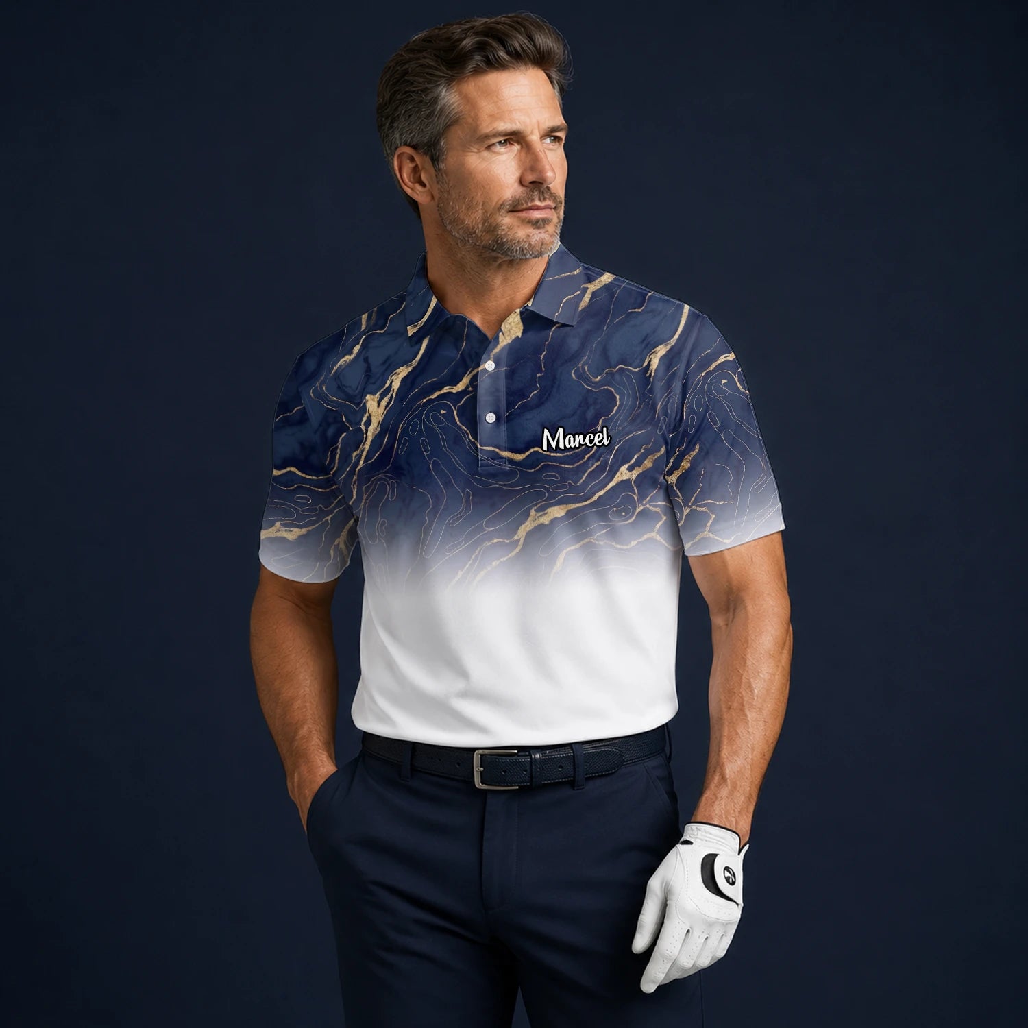 Personalised Navy White Marble Gold Vein Golf Polo Shirt For Men U5613