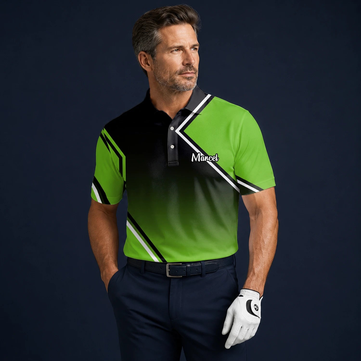 Personalised Black Green Geometric Stripe Golf Polo Shirt For Men V2638