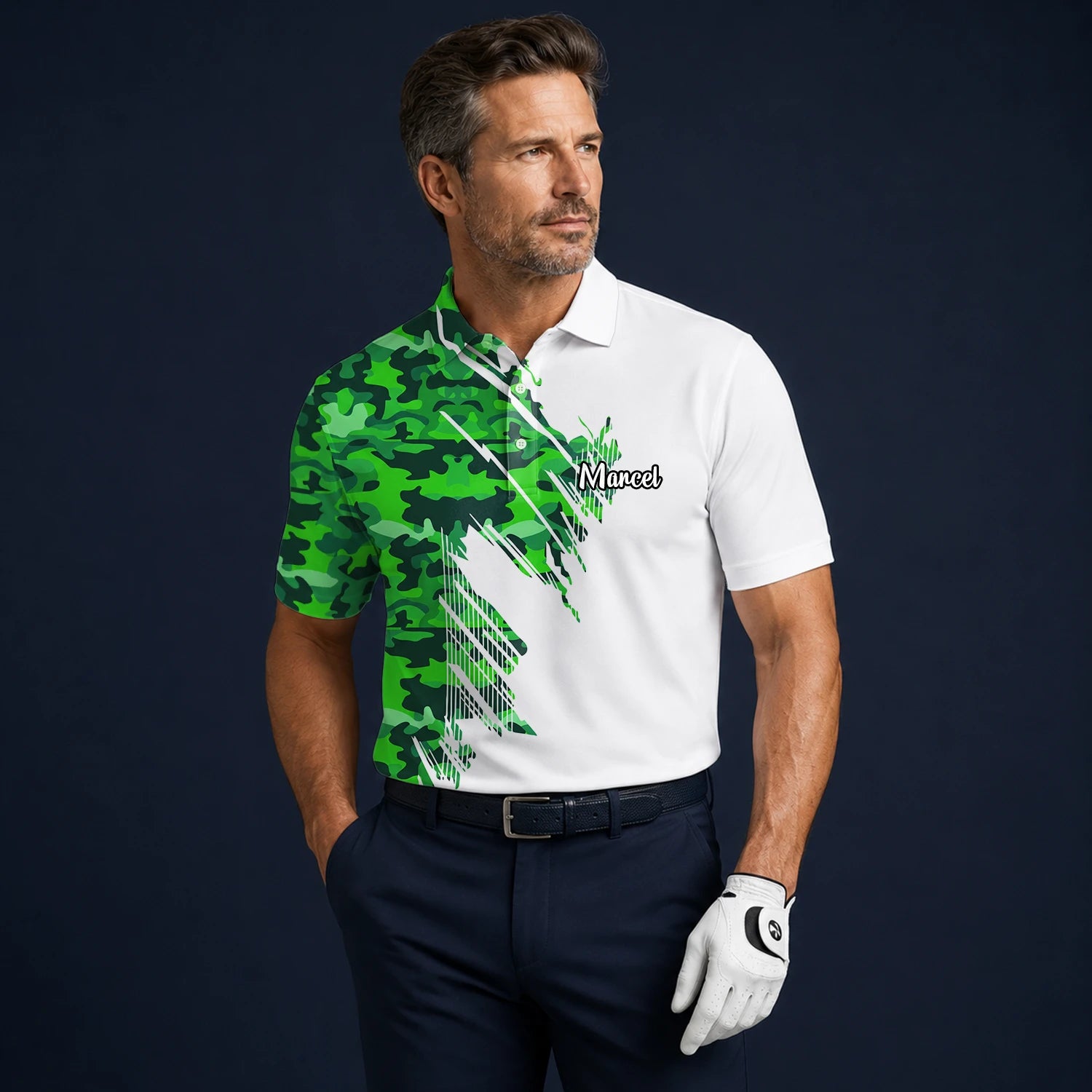 Personalised White Green Camo Brush Stripe Golf Polo Shirt For Men E9788