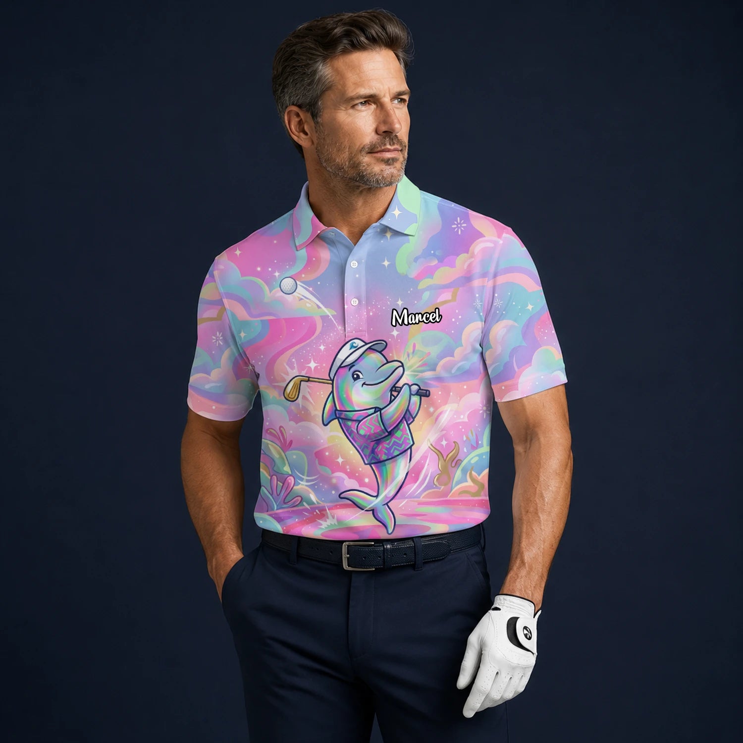 Personalised Pastel Rainbow Dolphin Golfer Cartoon Golf Polo Shirt For Men L3862