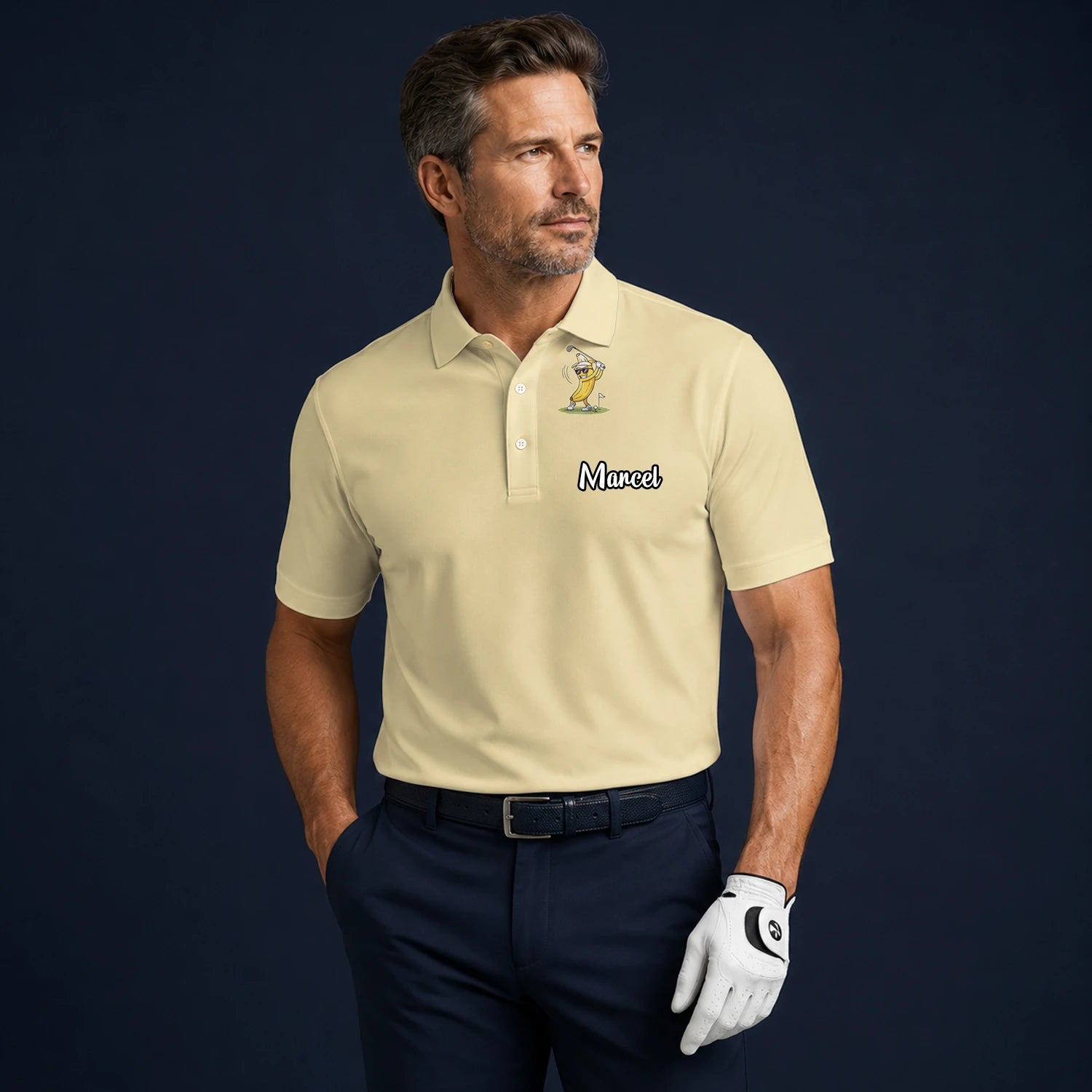 Personalised Pale Yellow Banana Golfer Cartoon Golf Polo Shirt For Men X9847