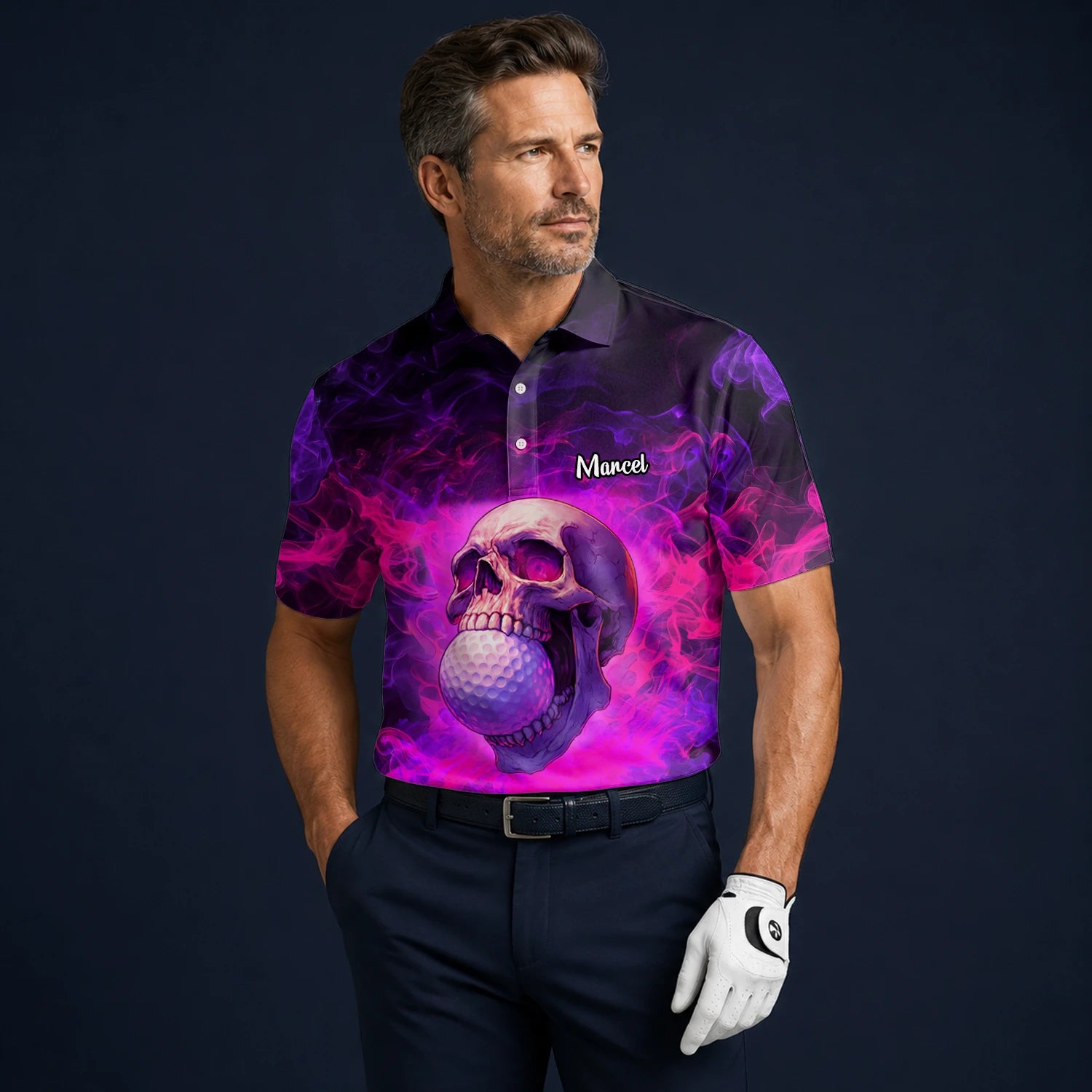 Personalised Purple Pink Skull Golf Ball Smoke Golf Polo Shirt For Men L7637