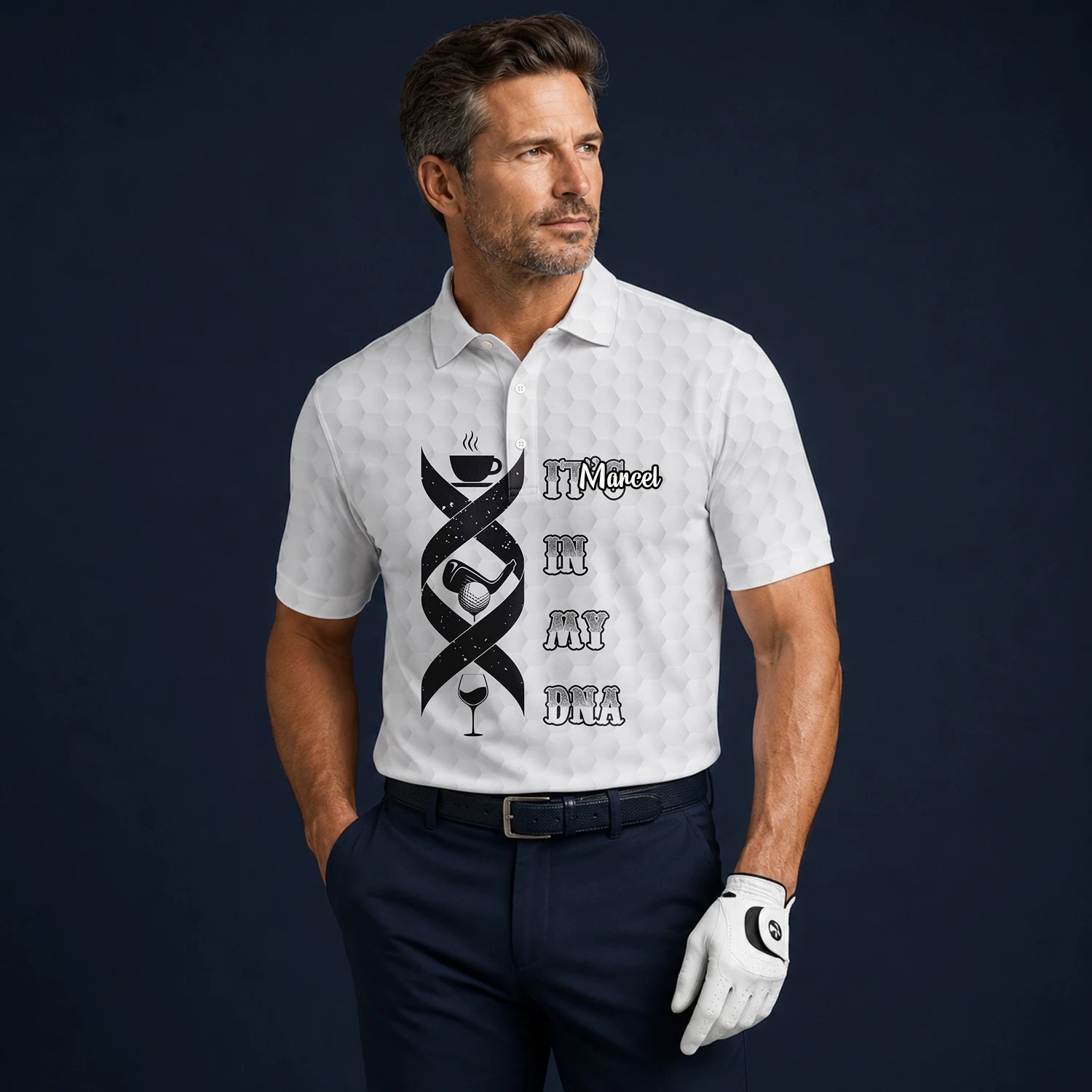 Personalised White Golf In My DNA Slogan Golf Polo Shirt For Men W3018
