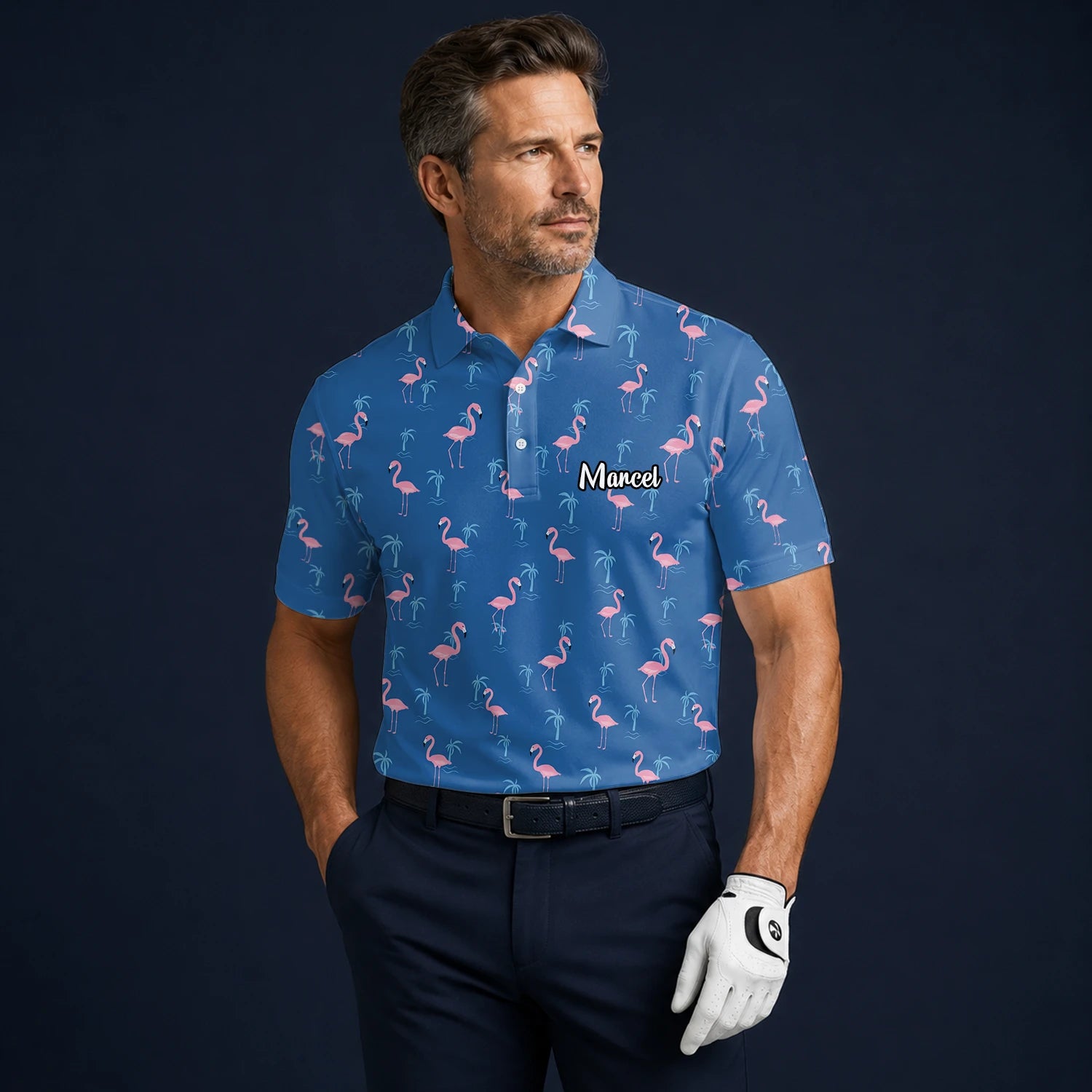 Personalised Blue Pink Flamingo Palm Golf Polo Shirt For Men C8068