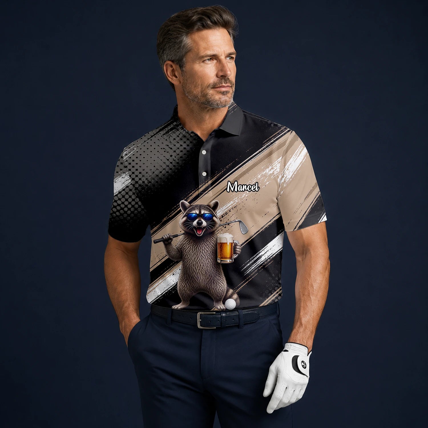 Personalised Black Beige Raccoon Beer Golfer Cartoon Golf Polo Shirt For Men K7921