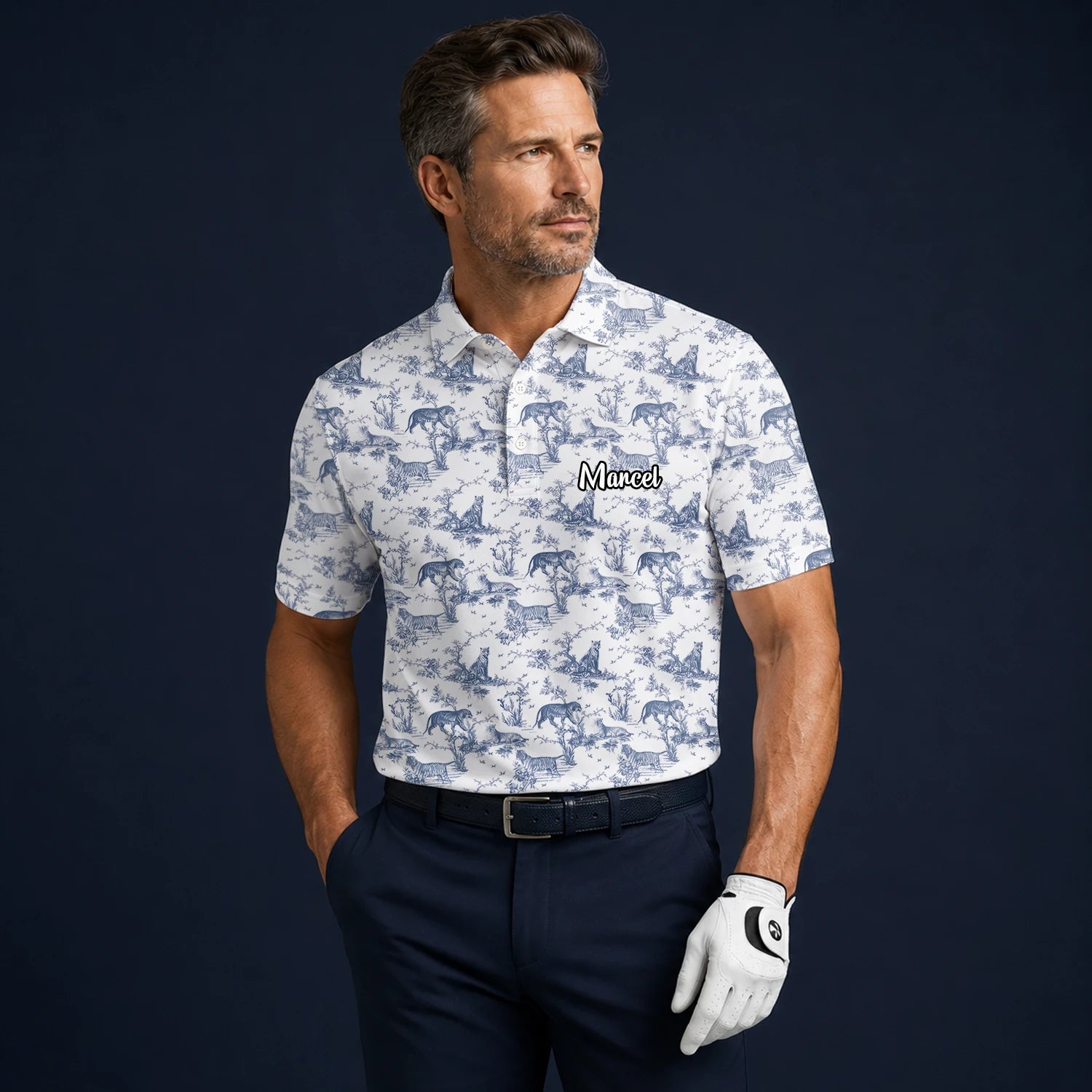 Personalised White Blue Dinosaur Toile Golf Polo Shirt For Men Q4771