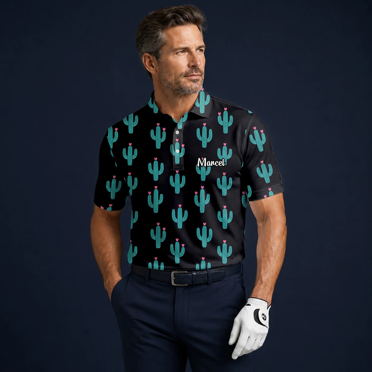 Personalised Black Turquoise Cactus Heart Golf Polo Shirt For Men L0709