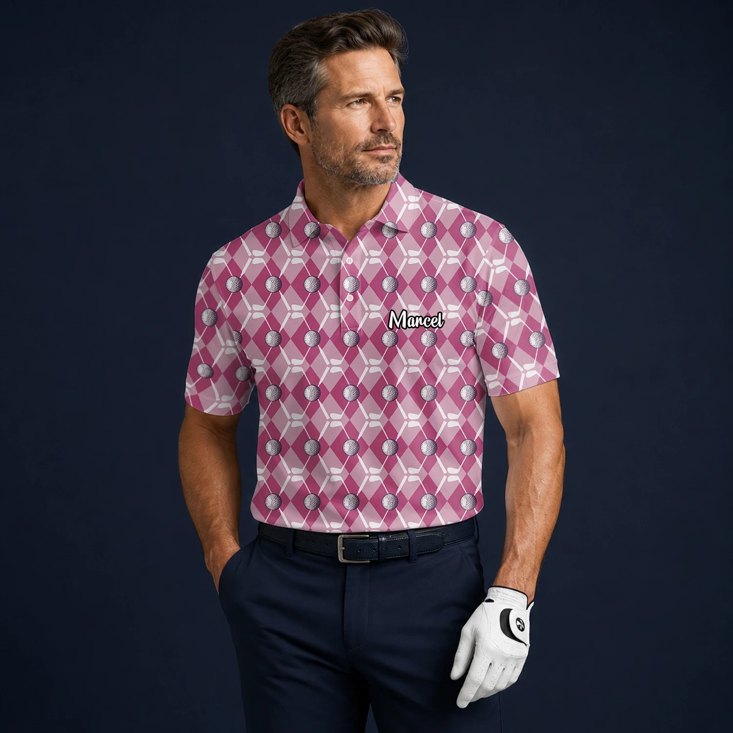 Personalised Pink Argyle Golf Ball Golf Polo Shirt For Men X0000