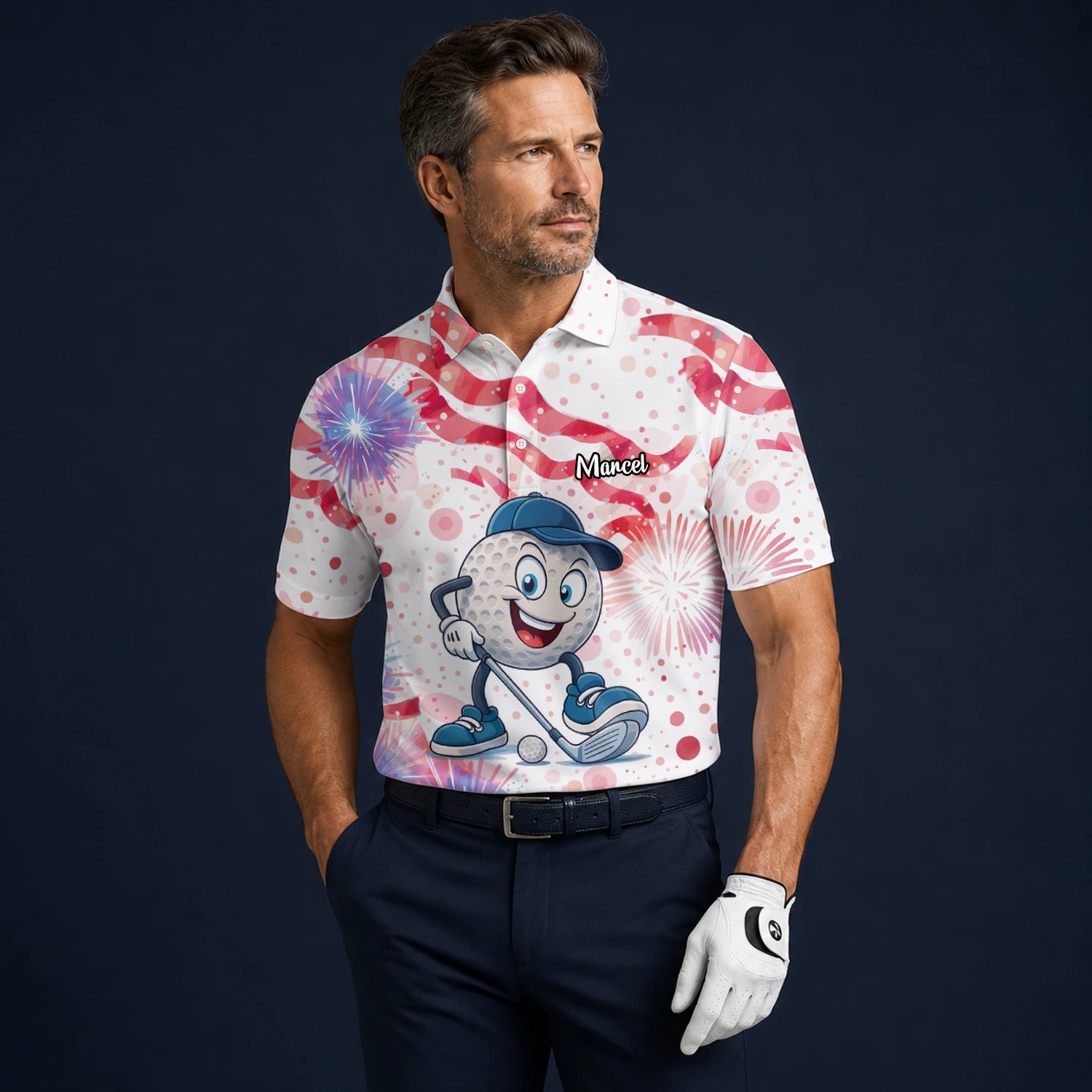 Personalised White Pink Golf Ball Cartoon Firework Golf Polo Shirt For Men C2083