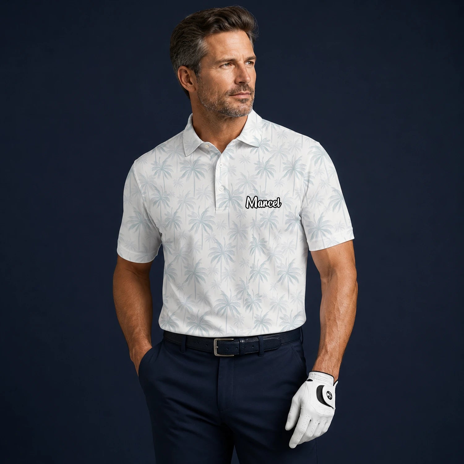 Personalised White Pale Blue Palm Leaf Golf Polo Shirt For Men U1709