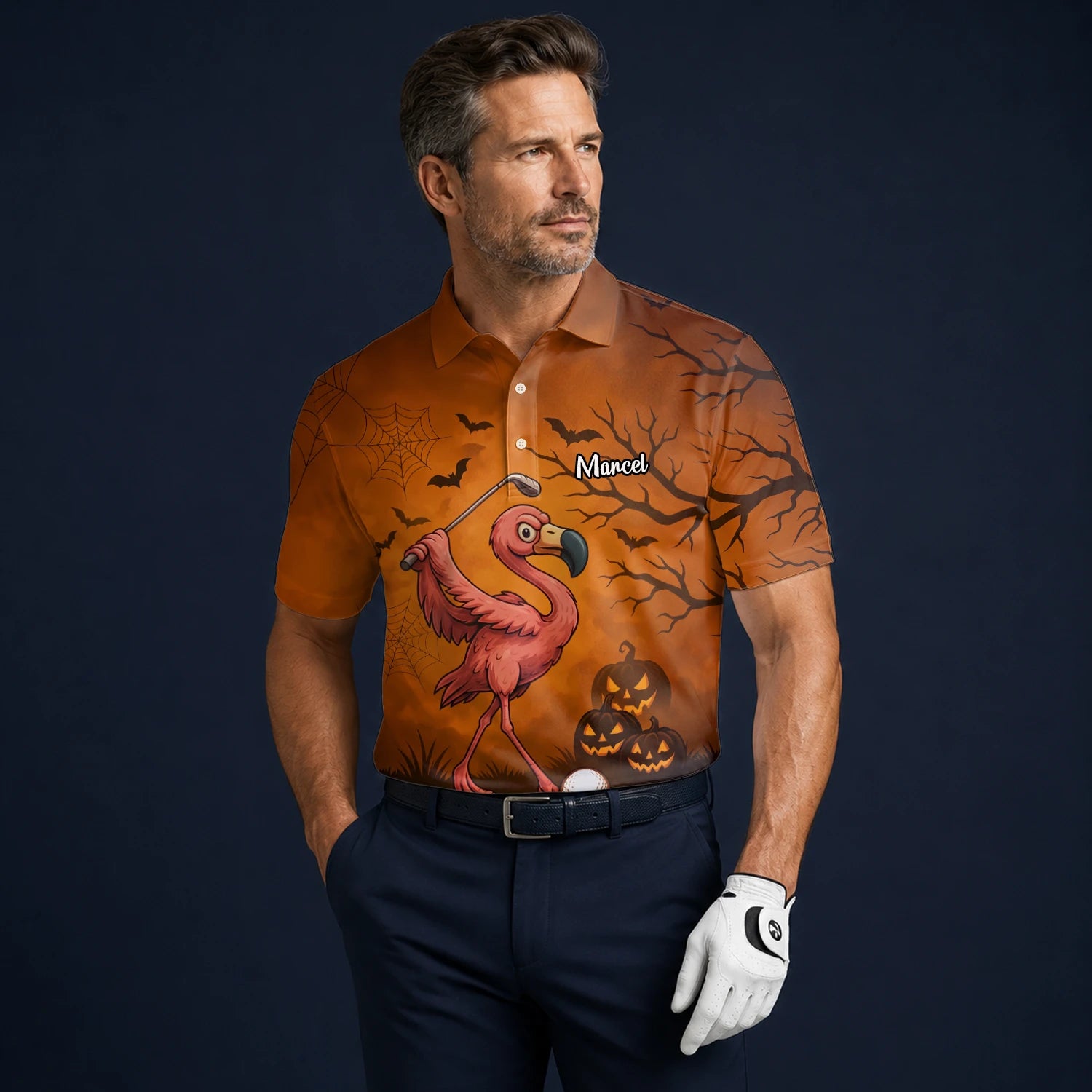 Personalised Orange Halloween Flamingo Golfer Pumpkin Golf Polo Shirt For Men V7072