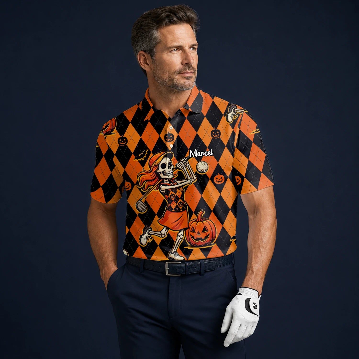Personalised Orange Black Halloween Skeleton Golfer Pumpkin Argyle Golf Polo Shirt For Men Z9562