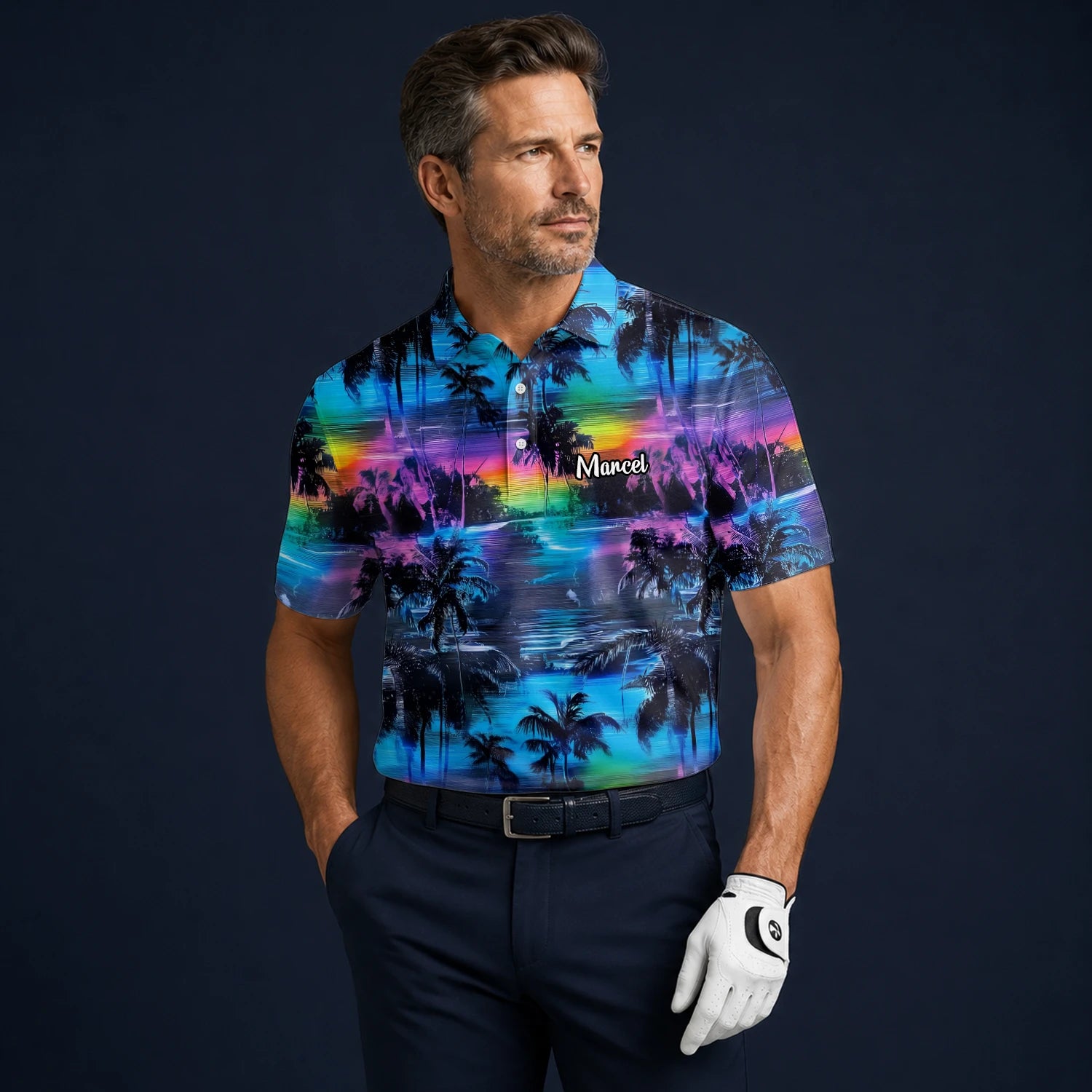 Personalised Blue Purple Palm Sunset Golf Polo Shirt For Men K8435