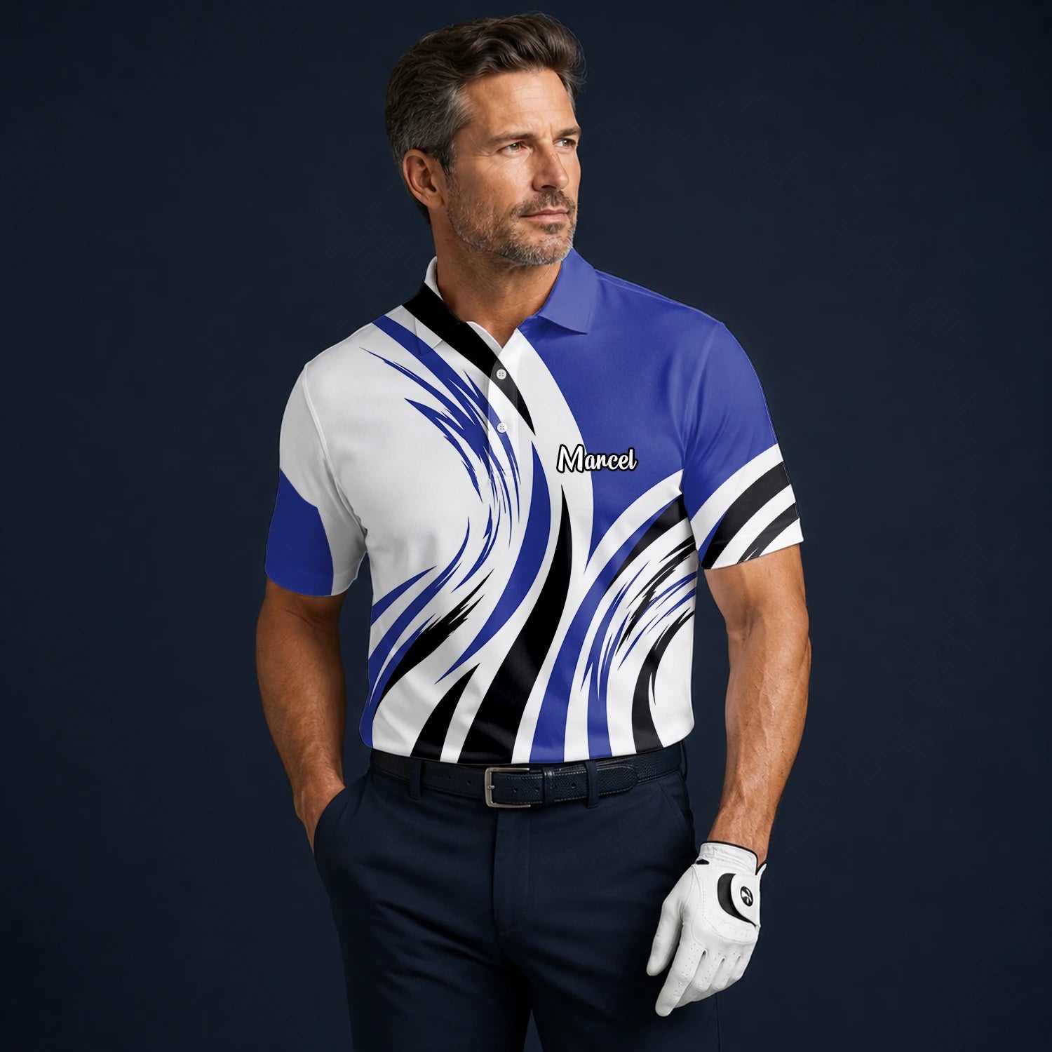 Personalised White Blue Black Abstract Wave Golf Polo Shirt For Men V7849