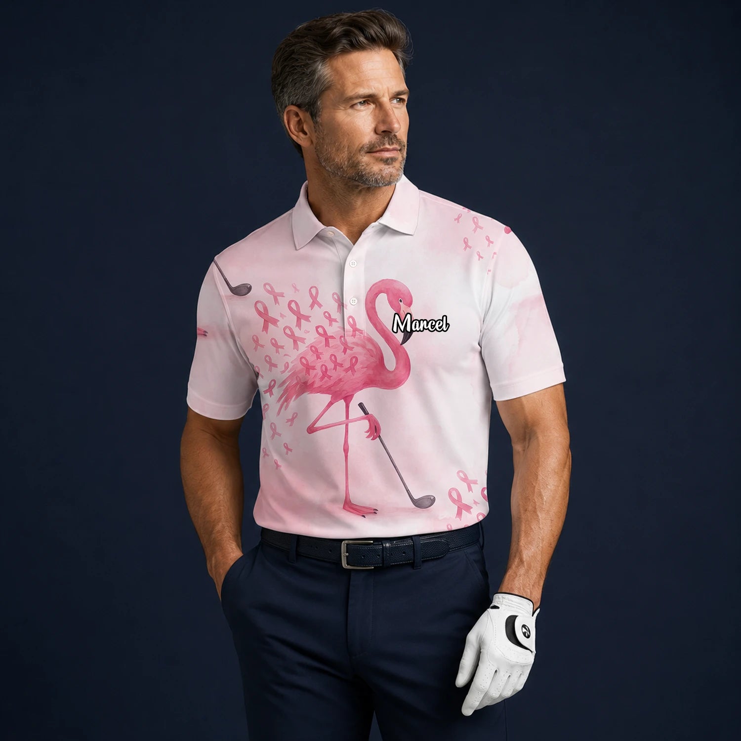 Personalised Pink Flamingo Golfer Breast Cancer Ribbon Golf Polo Shirt For Men R9354