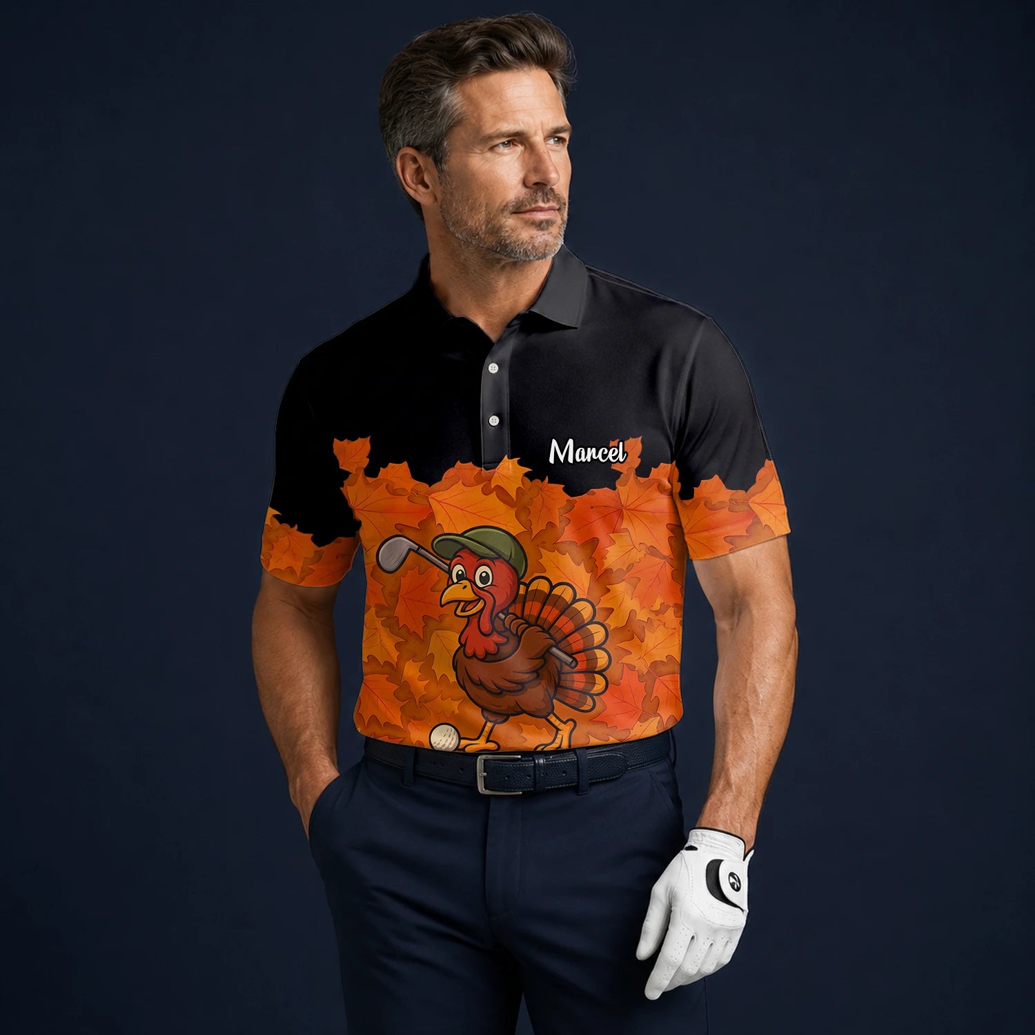 Personalised Black Orange Thanksgiving Turkey Golfer Golf Polo Shirt For Men W0964