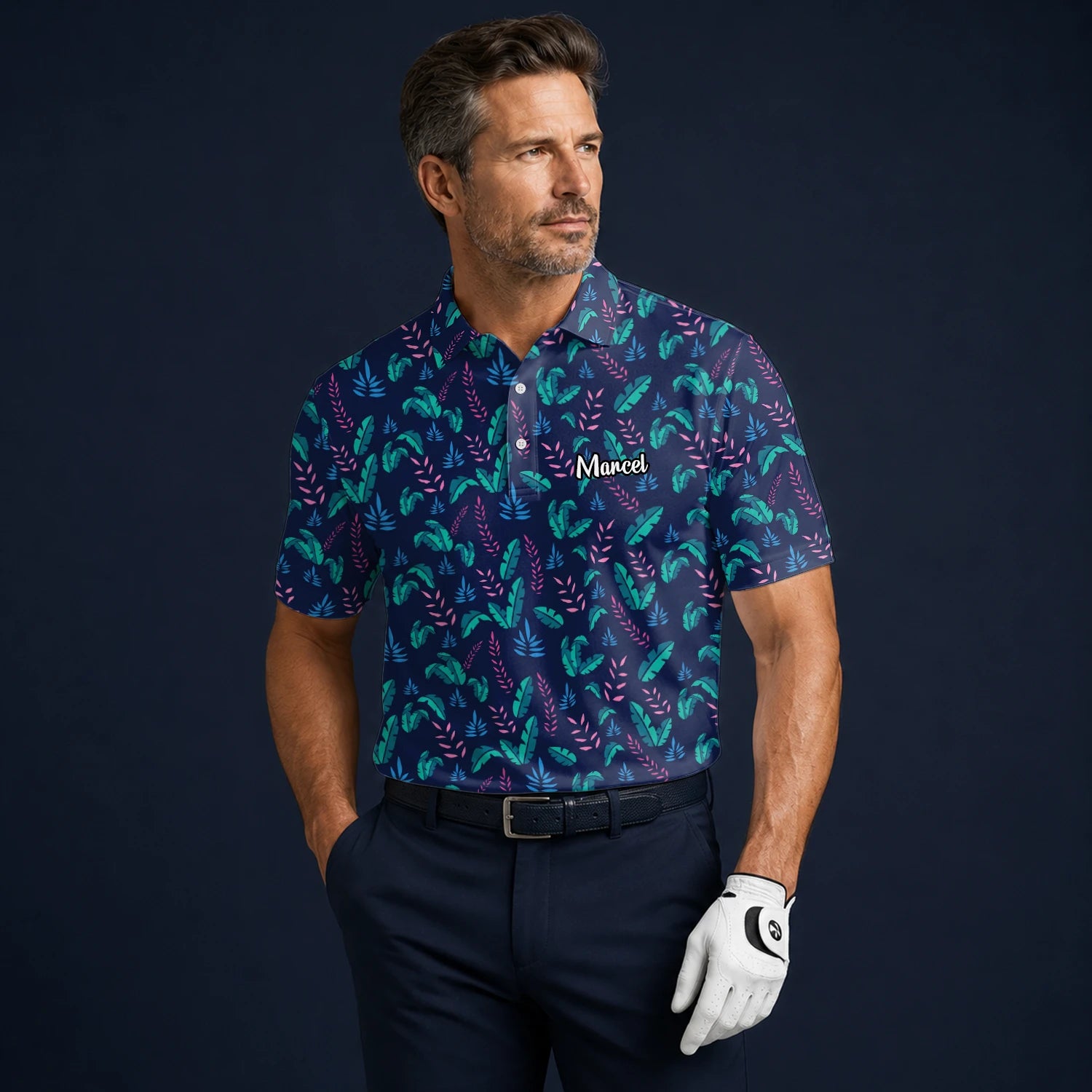 Personalised Navy Teal Tropical Leaf Golf Polo Shirt For Men S8145