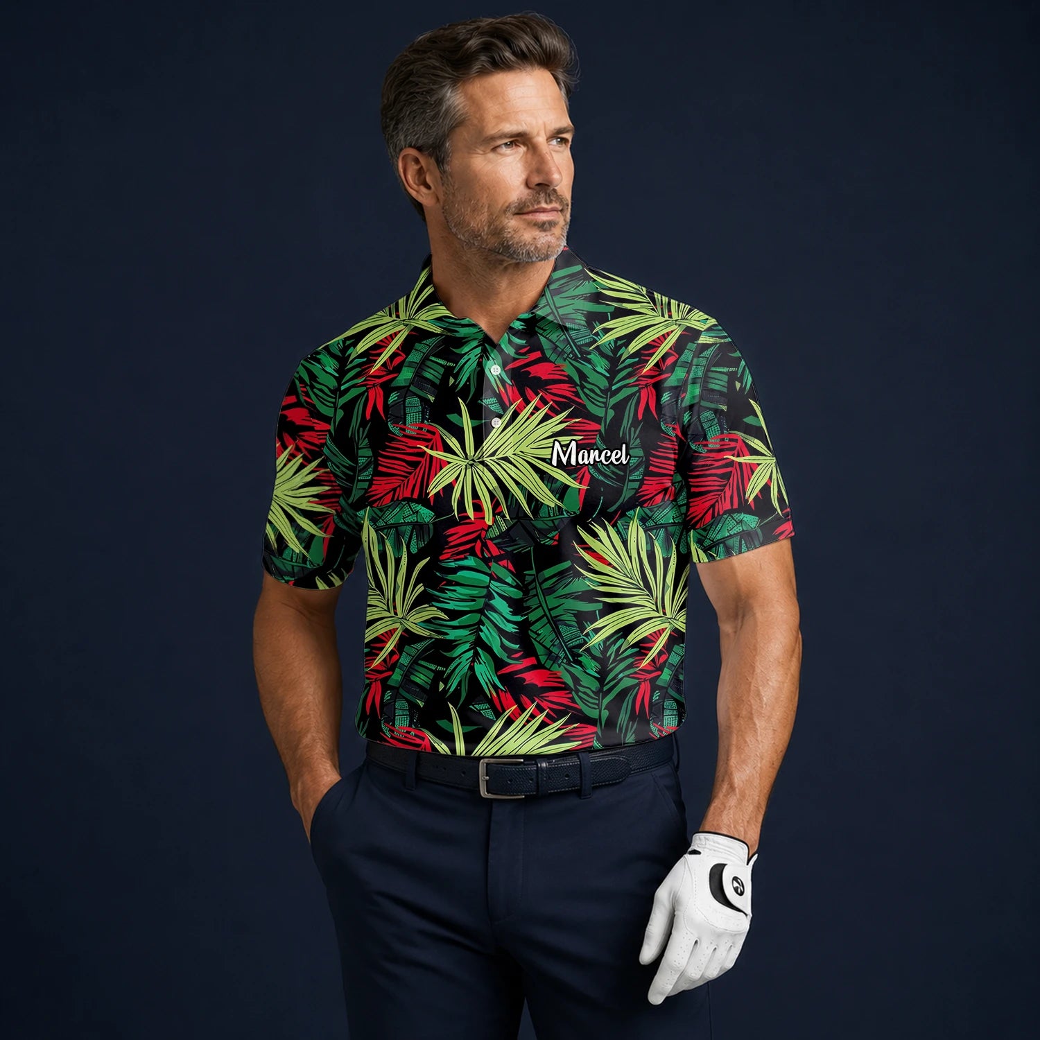 Personalised Black Green Red Tropical Leaf Golf Polo Shirt For Men U5191