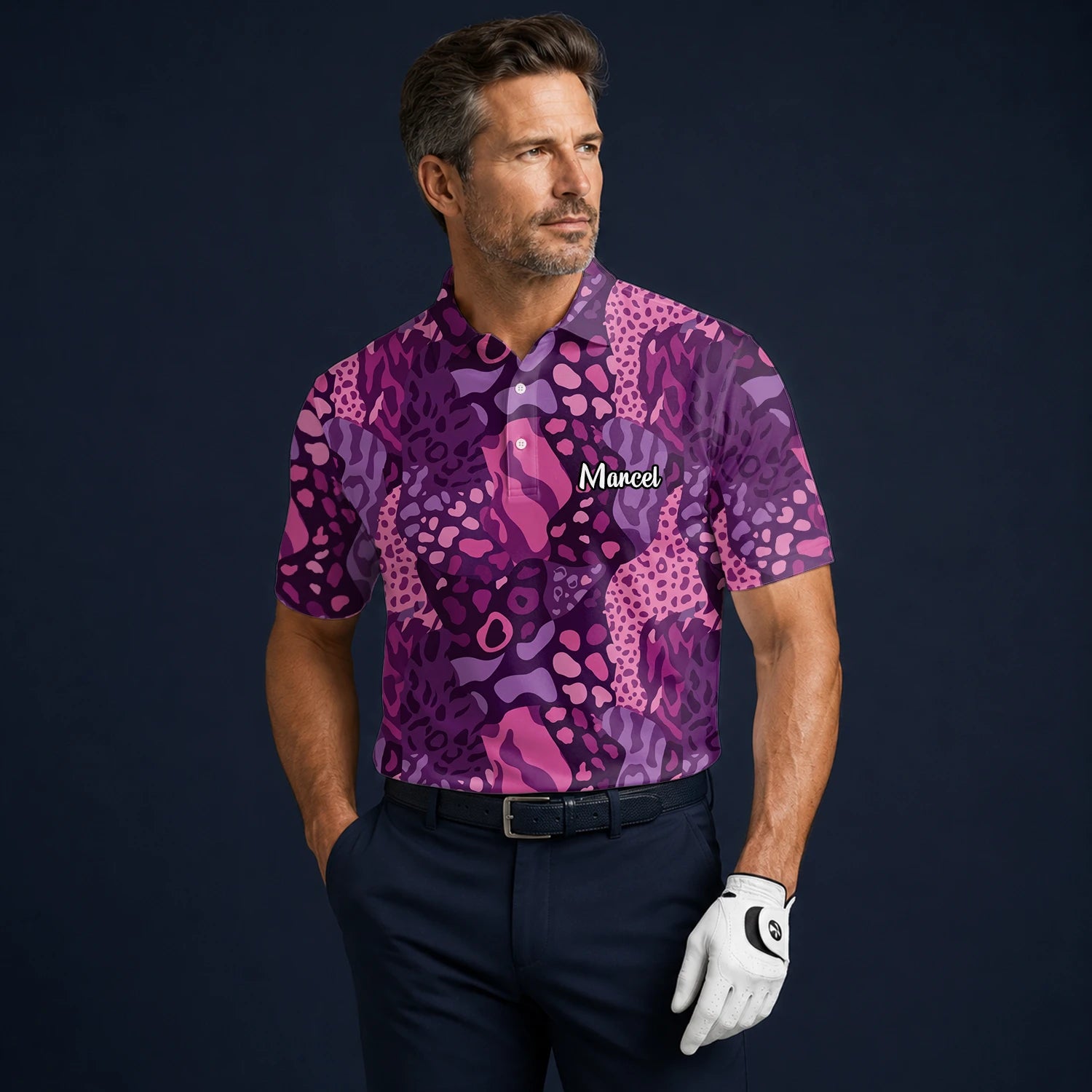 Personalised Purple Pink Leopard Camo Golf Polo Shirt For Men I6540