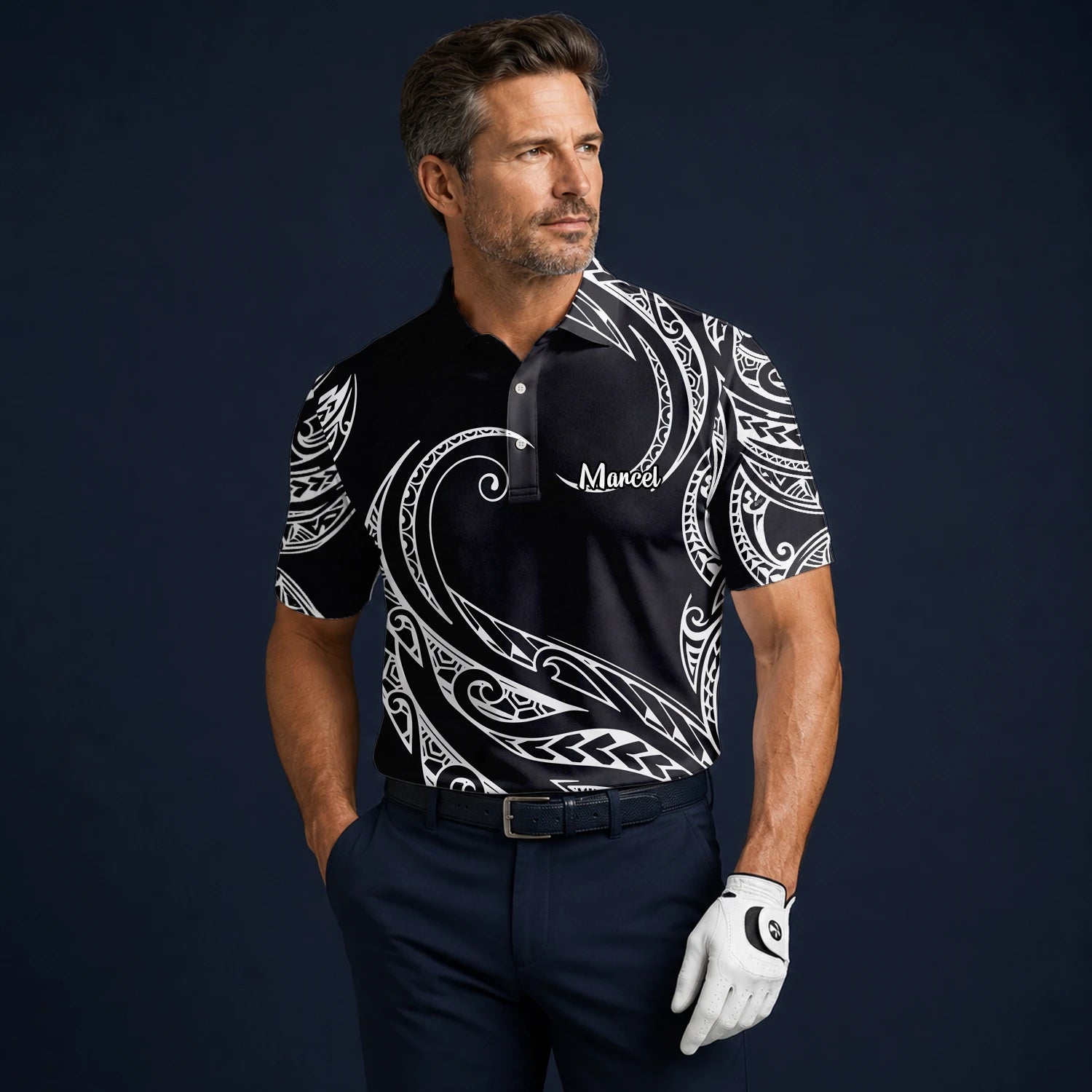 Personalised Black White Tribal Wave Golf Polo Shirt For Men R9560