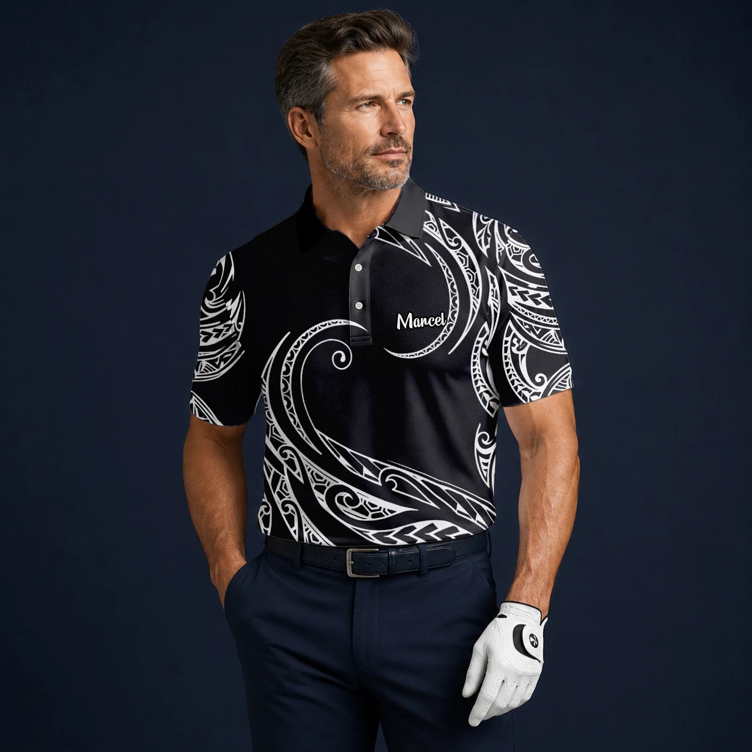 Personalised Black White Tribal Wave Golf Polo Shirt For Men R9560