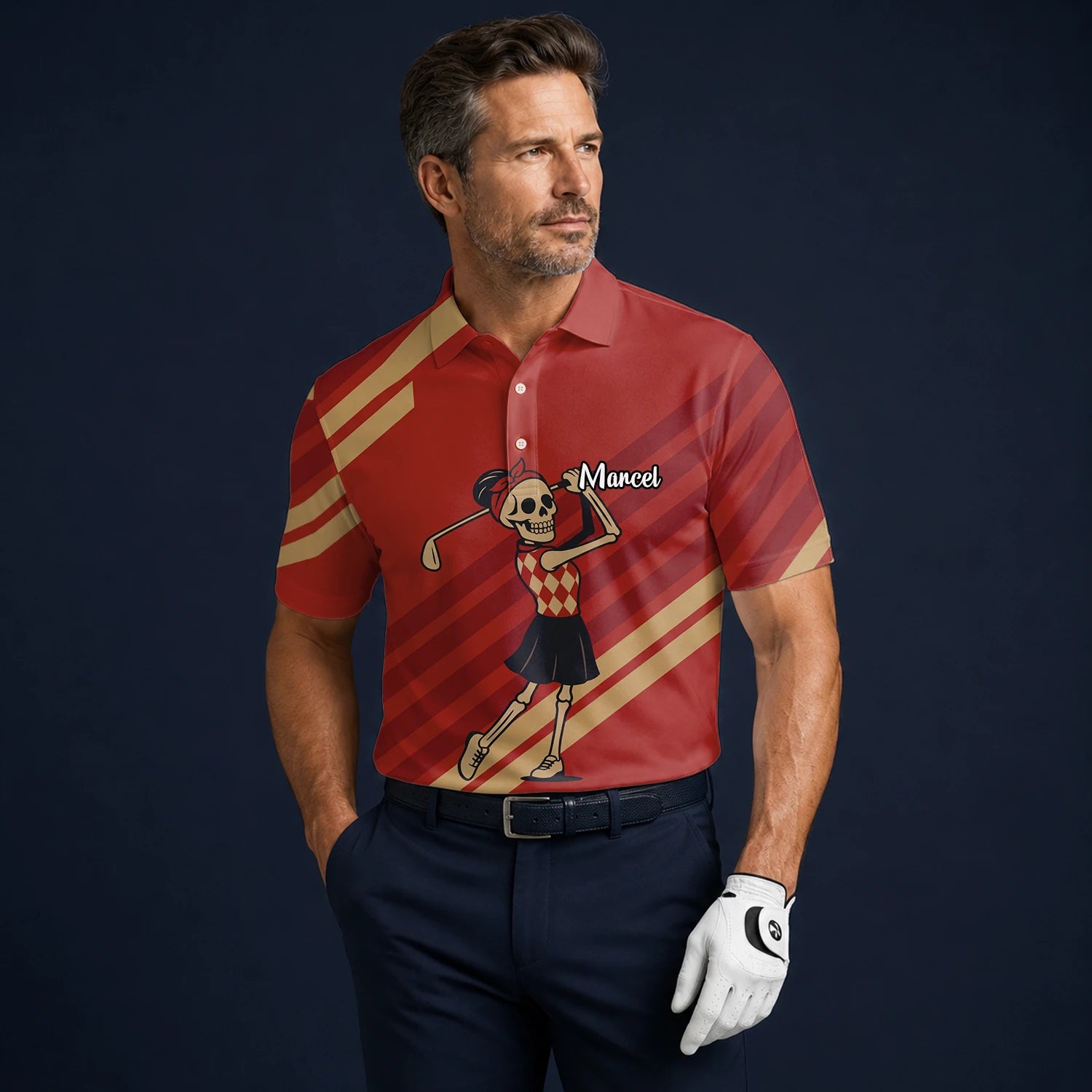 Personalised Red Skeleton Golfer Cartoon Golf Polo Shirt For Men Y0970