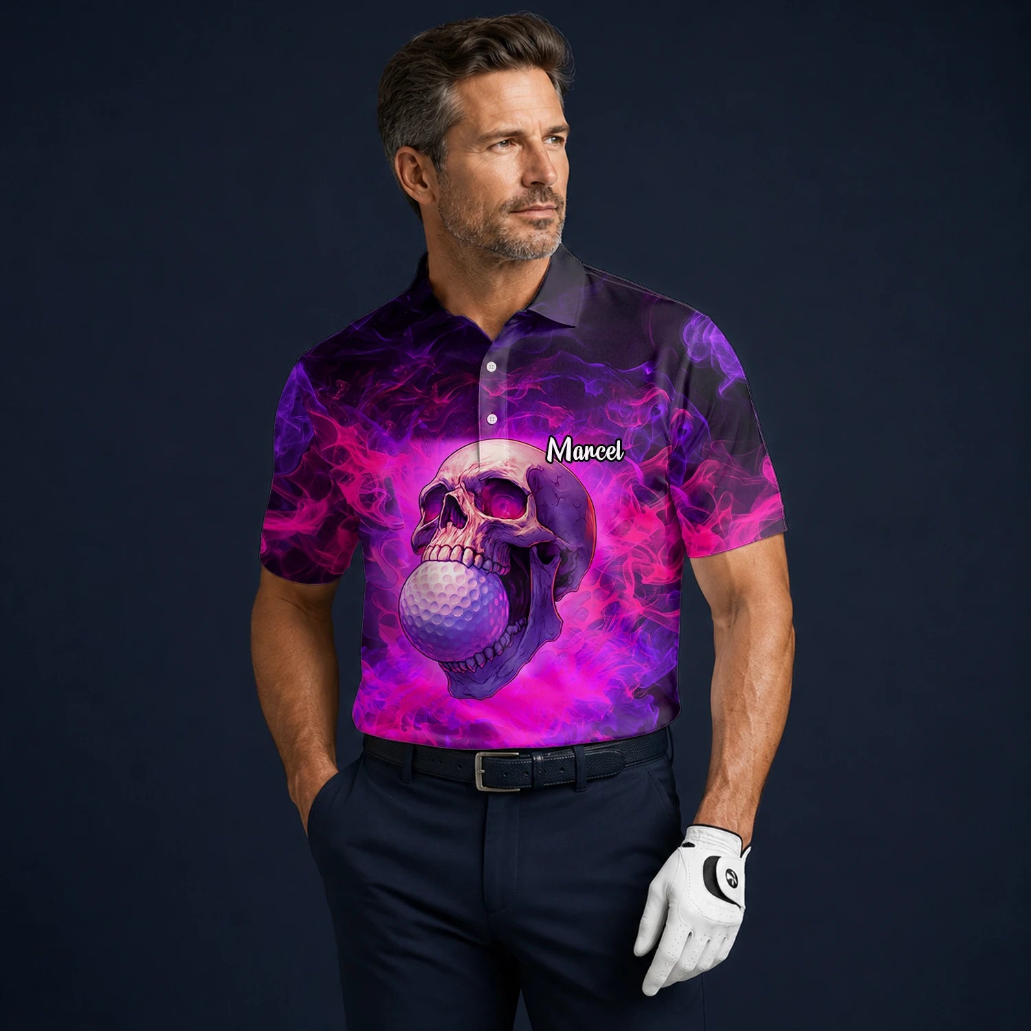 Personalised Purple Pink Skull Golf Ball Smoke Golf Polo Shirt For Men L7637