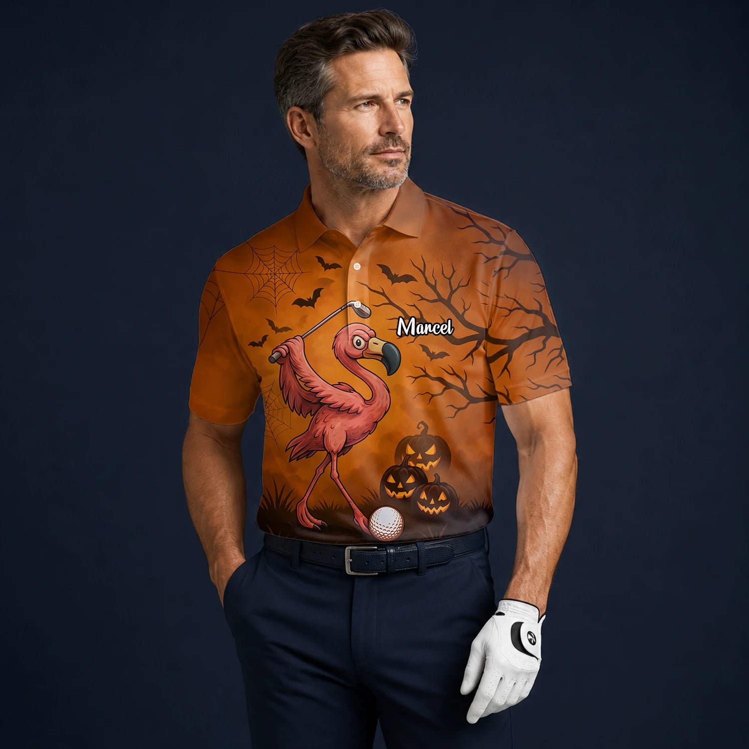 Personalised Orange Halloween Flamingo Golfer Pumpkin Golf Polo Shirt For Men V7072