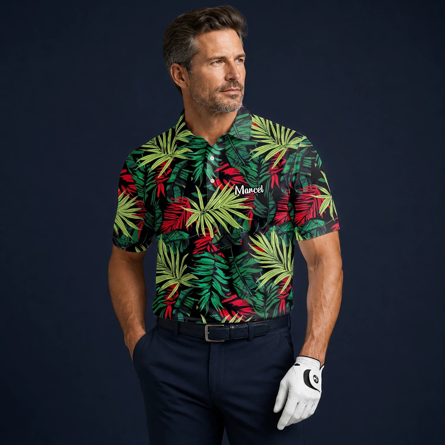 Personalised Black Green Red Tropical Leaf Golf Polo Shirt For Men U5191
