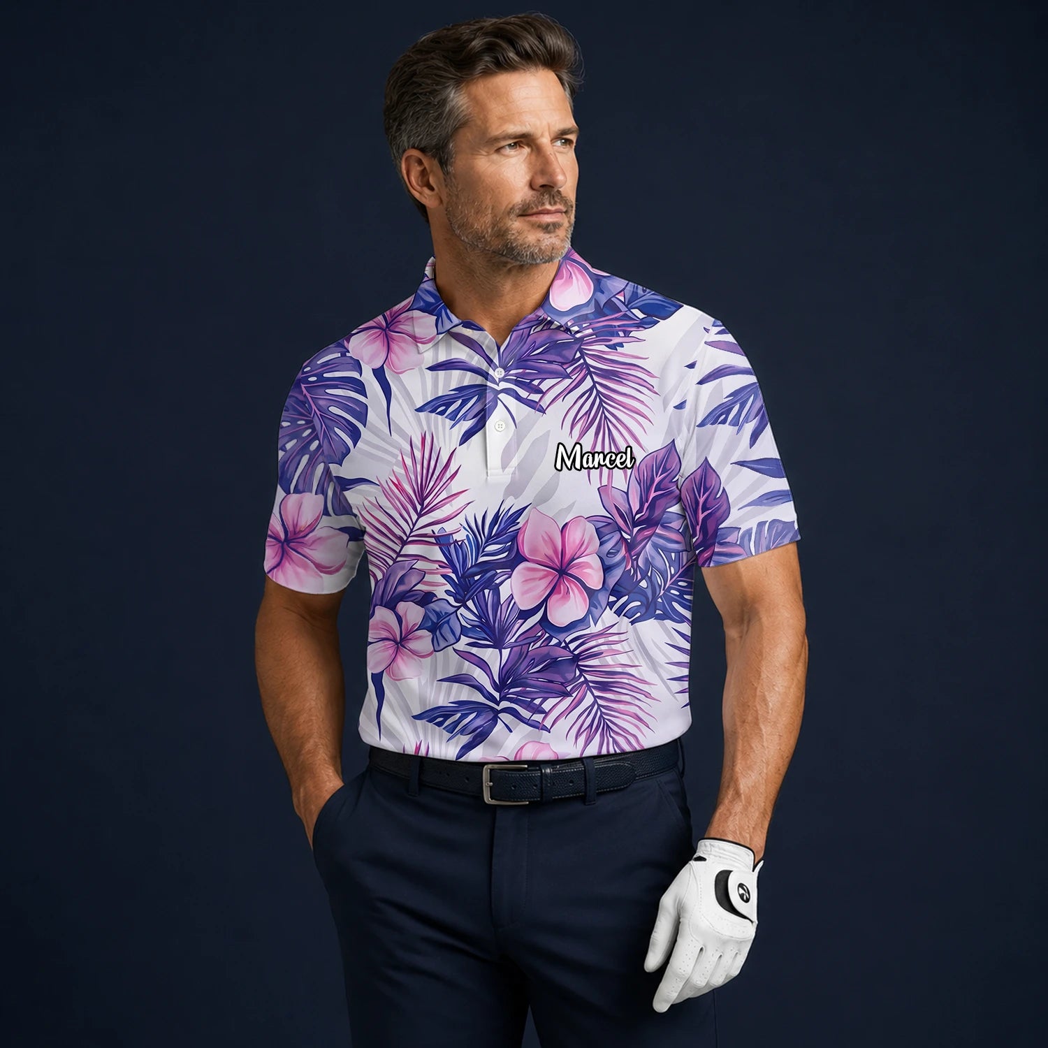 Personalised White Purple Tropical Hibiscus Leaf Golf Polo Shirt For Men H1054