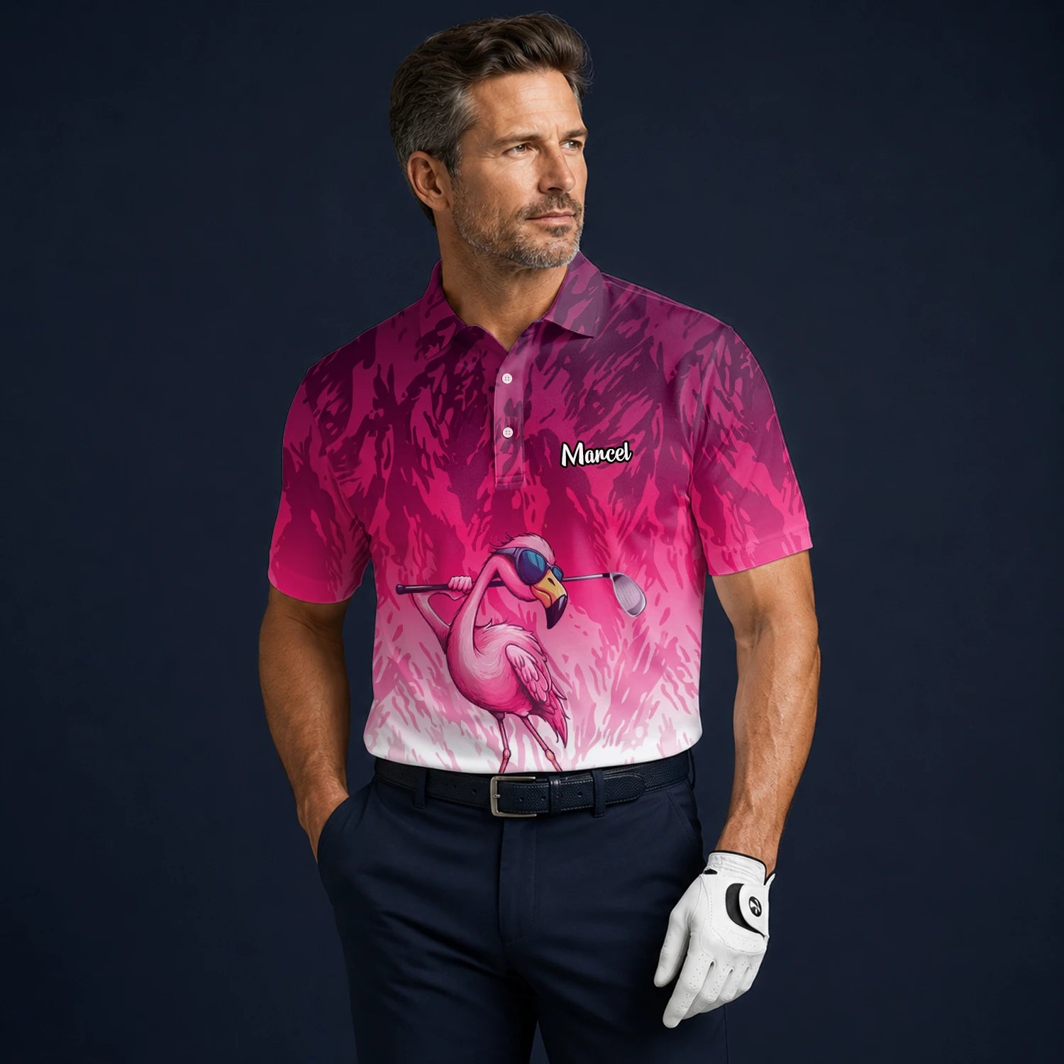 Personalised Pink Flamingo Golfer Paint Splash Golf Polo Shirt For Men R4990
