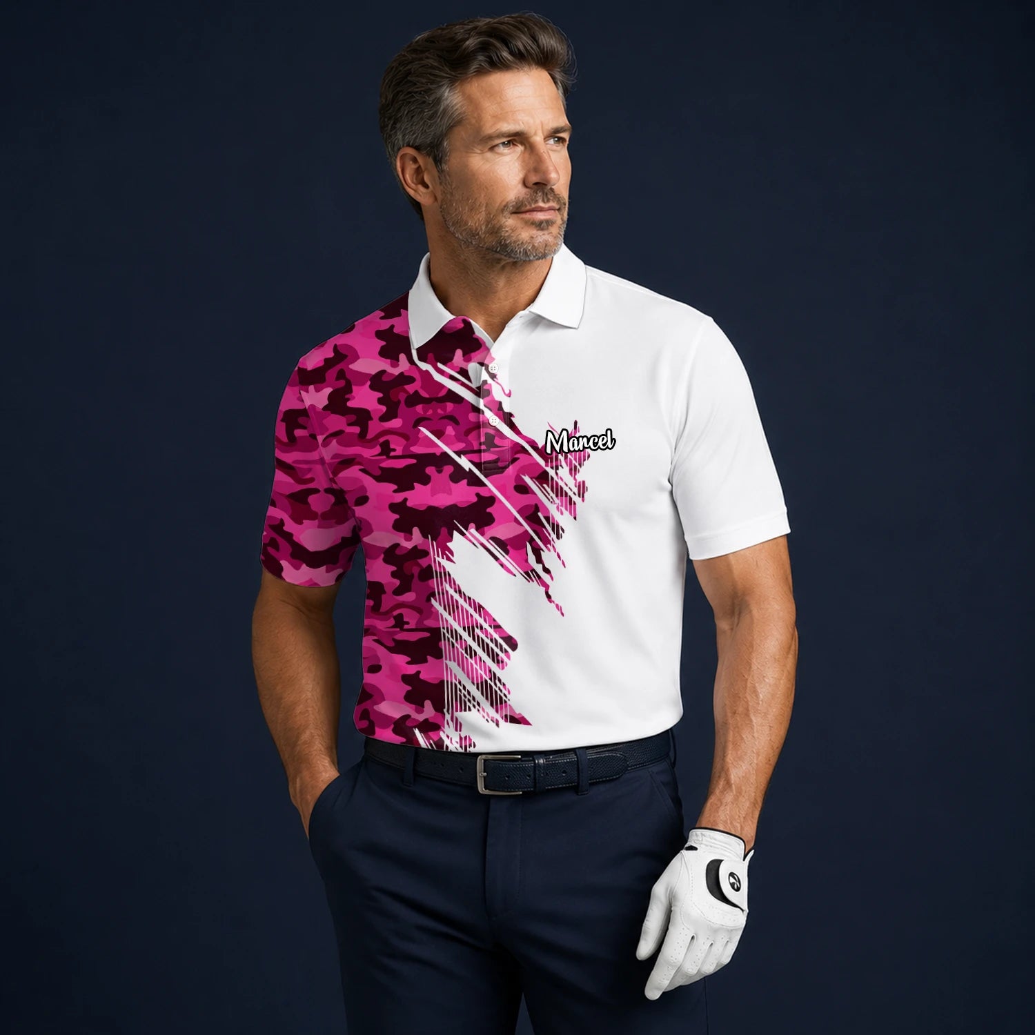 Personalised White Pink Camo Brush Stroke Golf Polo Shirt For Men S6501