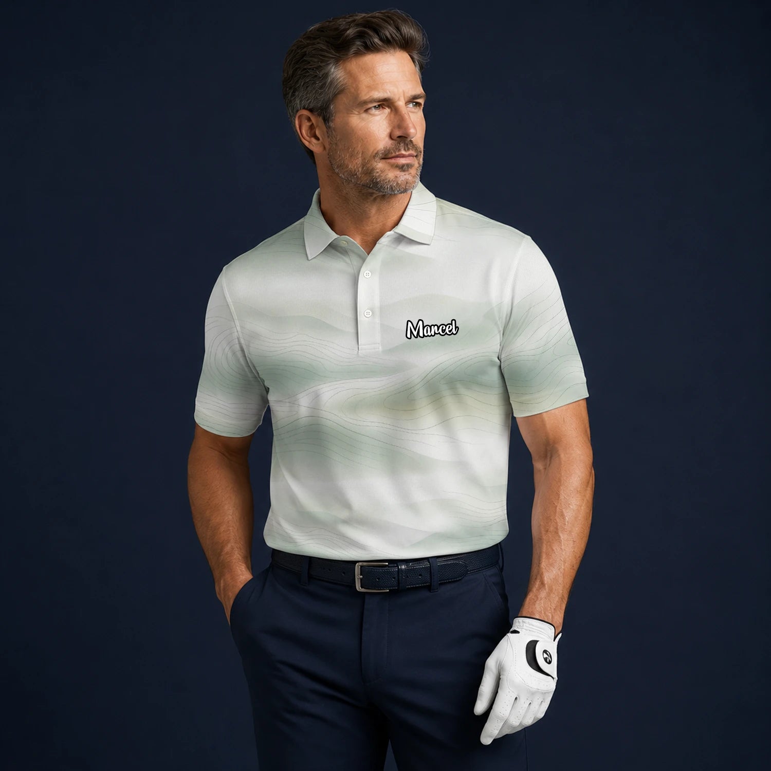 Personalised White Sage Green Abstract Wave Golf Polo Shirt For Men F8070