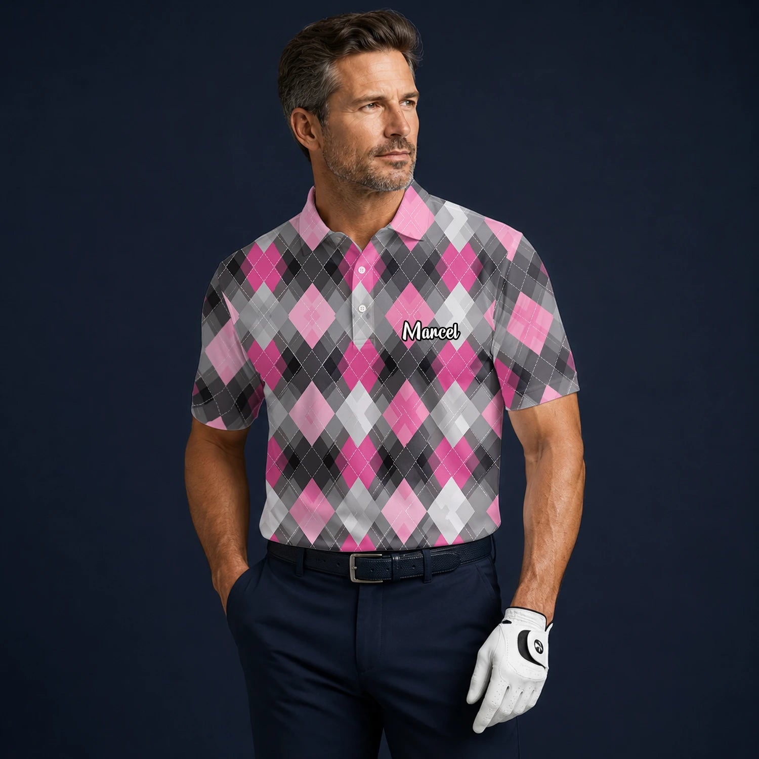 Personalised Pink Grey Argyle Golf Polo Shirt For Men Z9376