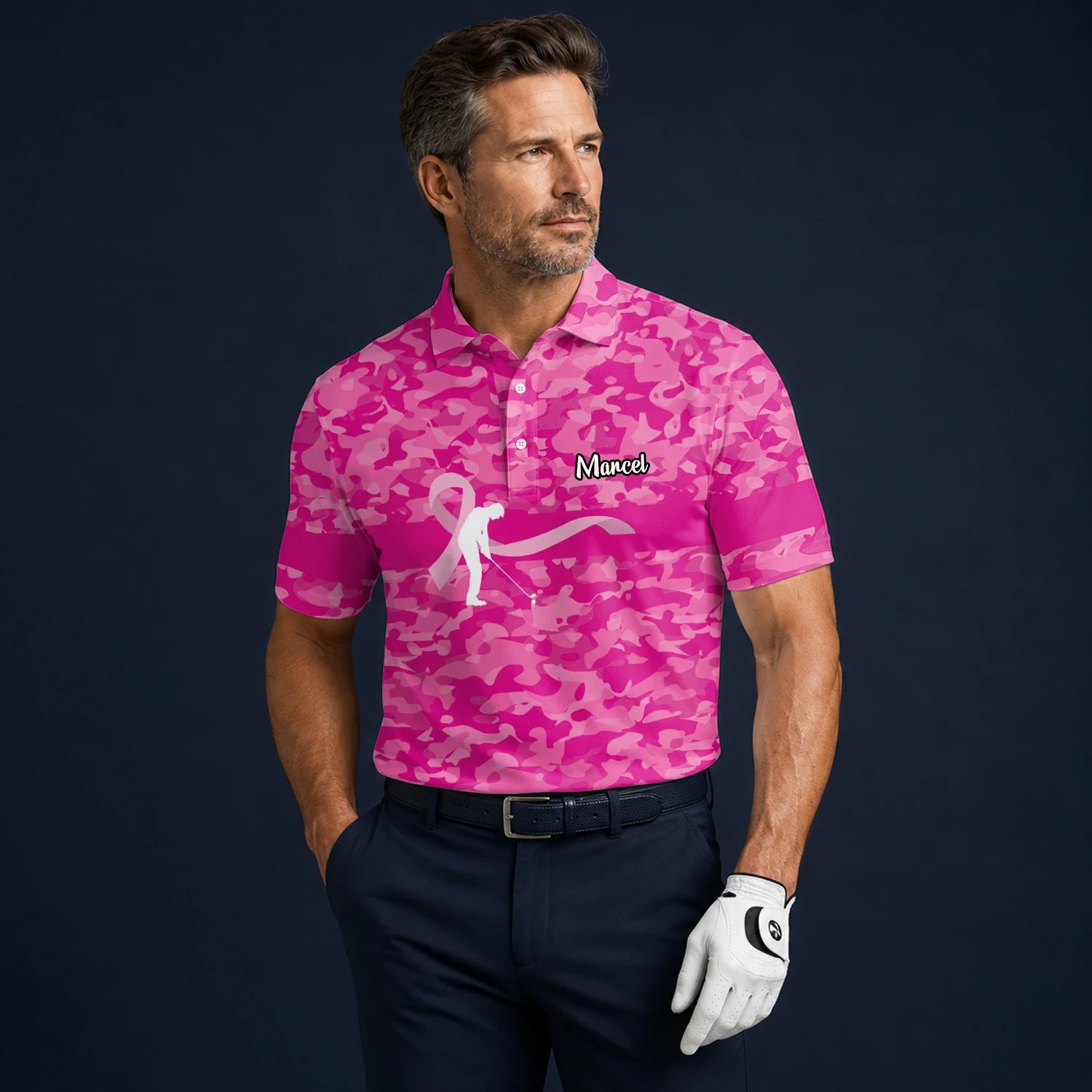 Personalised Pink Camo Breast Cancer Awareness Ribbon Golfer Golf Polo Shirt For Men Z3179