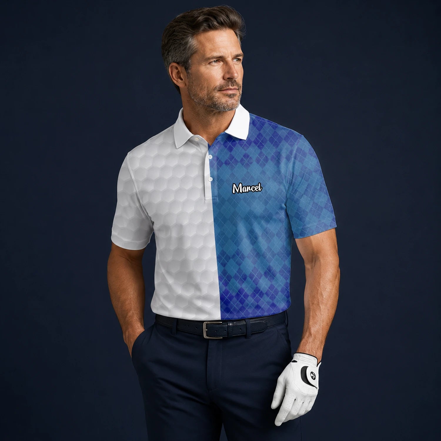 Personalised White Blue Argyle Golf Ball Texture Golf Polo Shirt For Men M9214