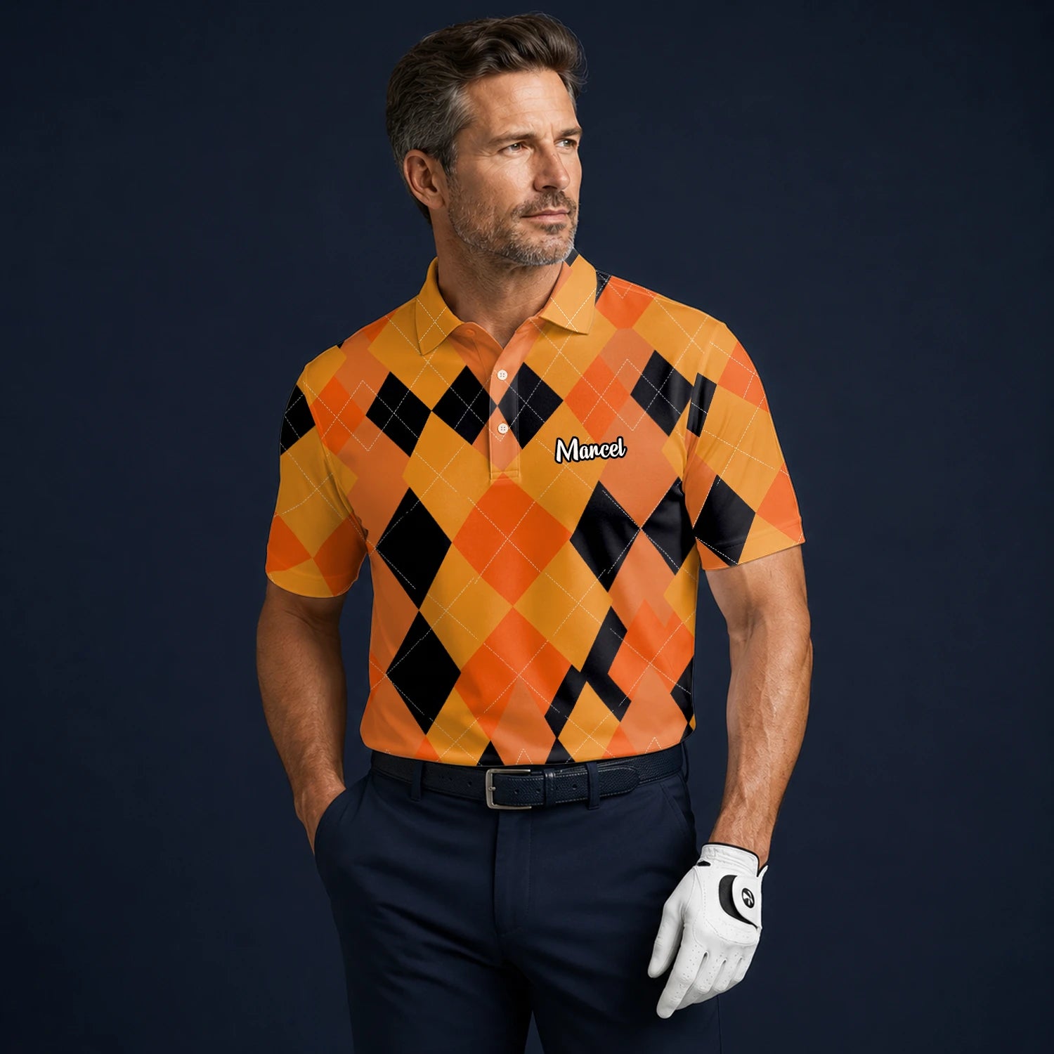 Personalised Orange Black Argyle Diamond Golf Polo Shirt For Men C4203