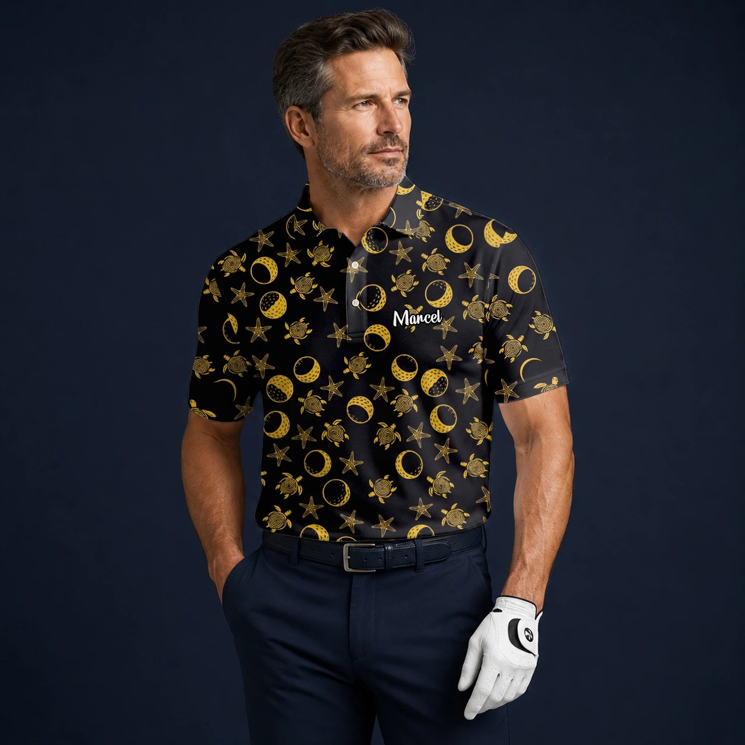 Personalised Black Gold Sea Turtle Moon Star Golf Polo Shirt For Men V4483