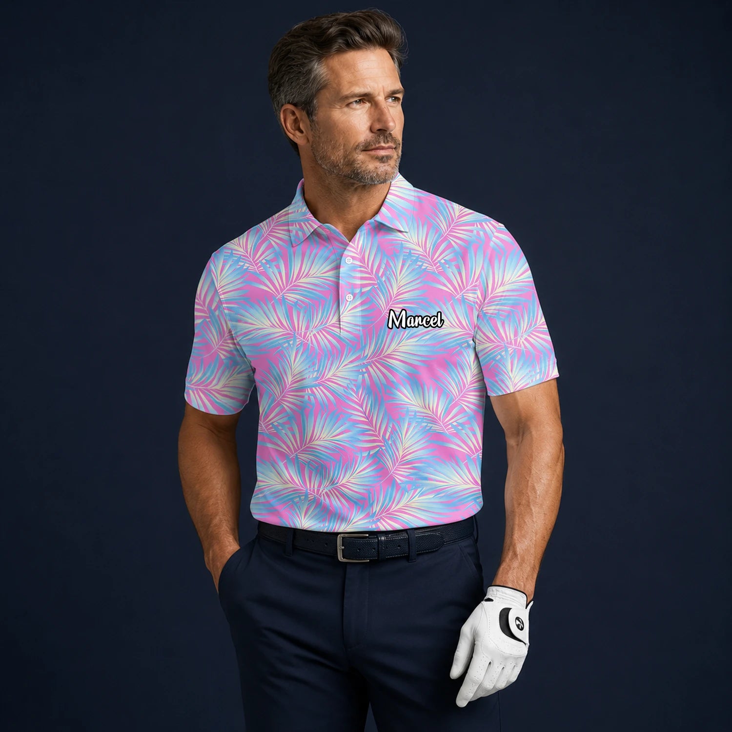 Personalised Pink Blue Palm Leaf Golf Polo Shirt For Men F1458
