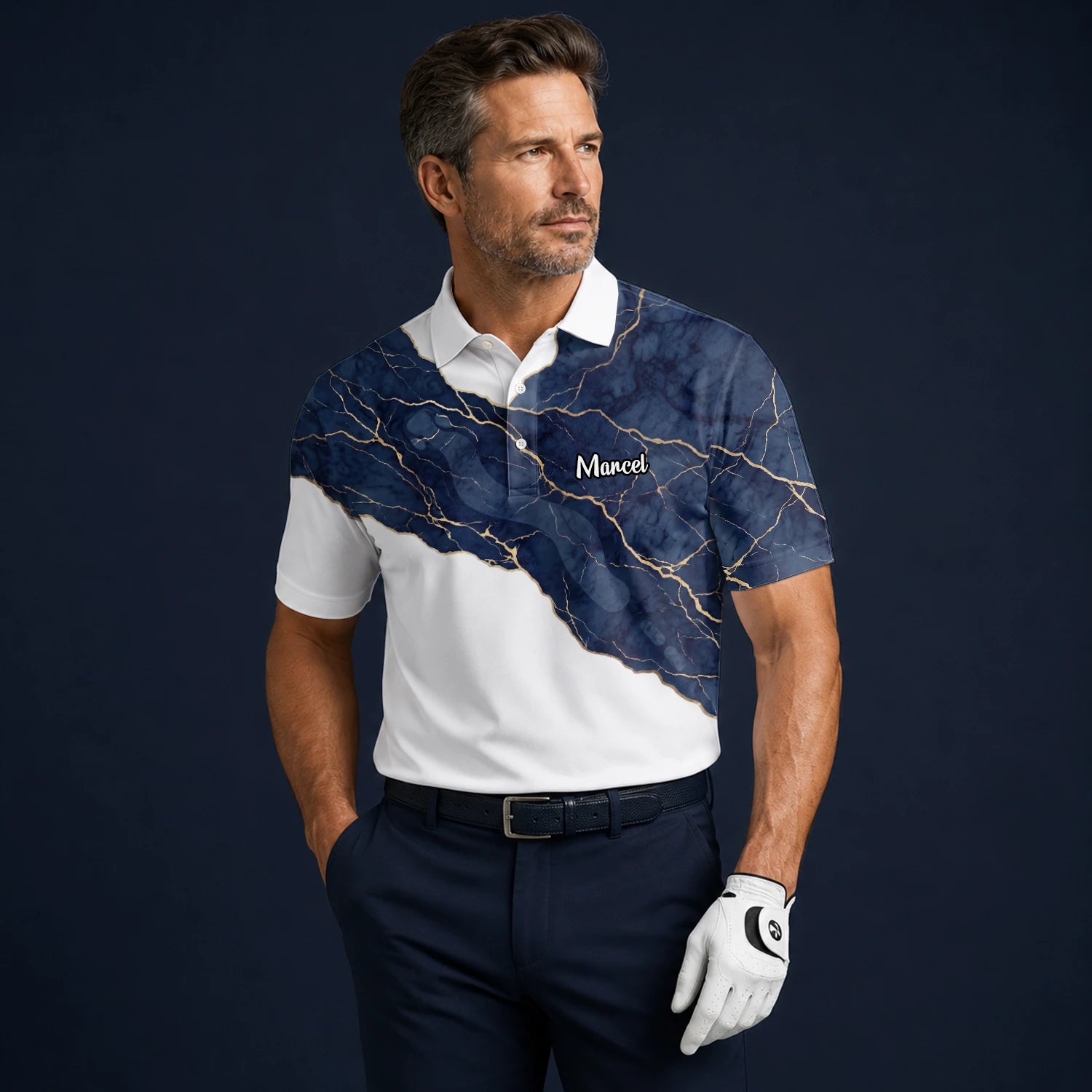 Personalised White Navy Marble Gold Vein Golf Polo Shirt For Men B4939
