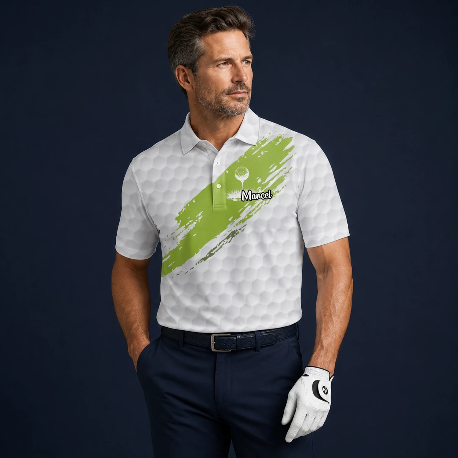 Personalised White Lime Golf Ball Texture Brush Stroke Golf Polo Shirt For Men M6914