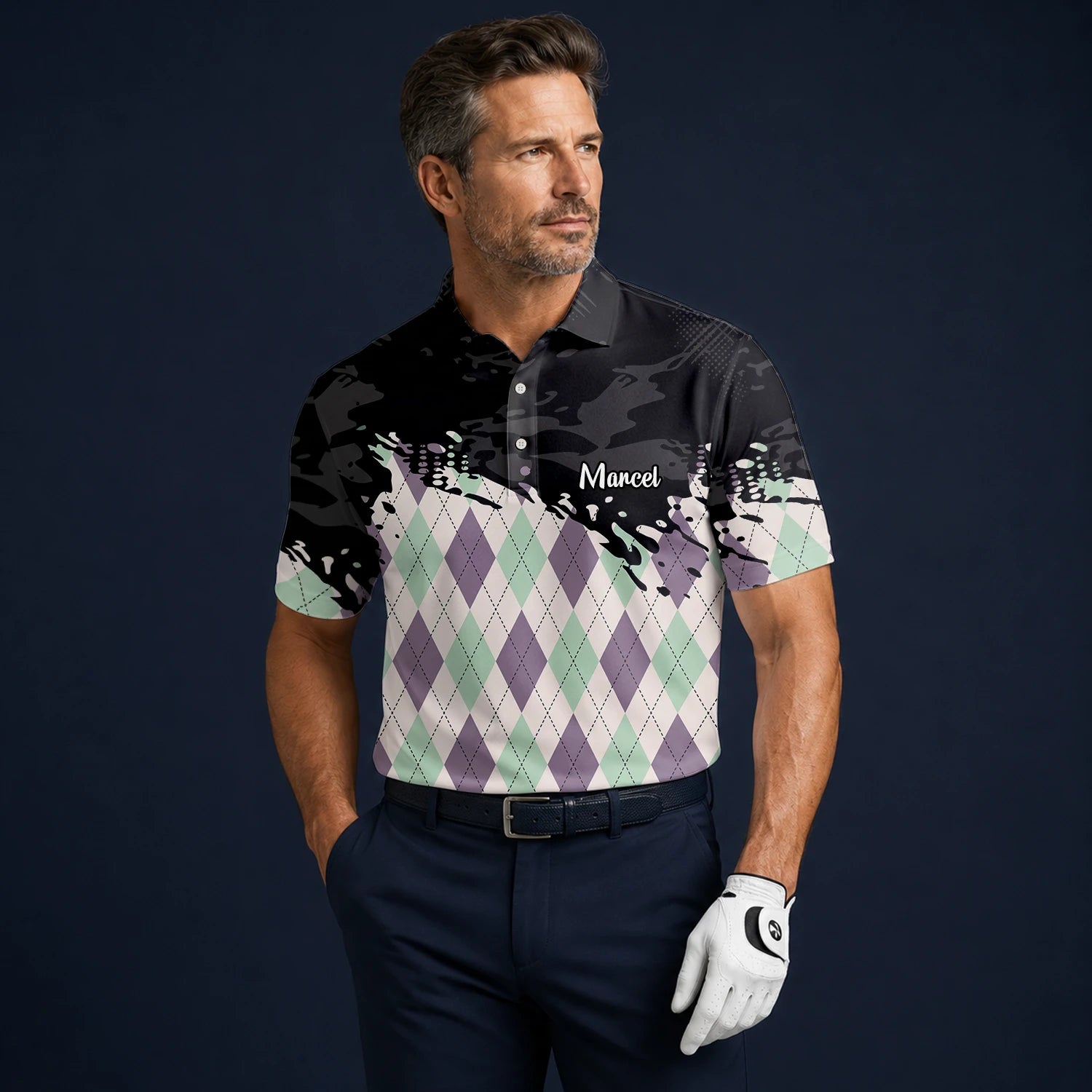 Personalised Black Mint Purple Argyle Paint Splash Golf Polo Shirt For Men C5124