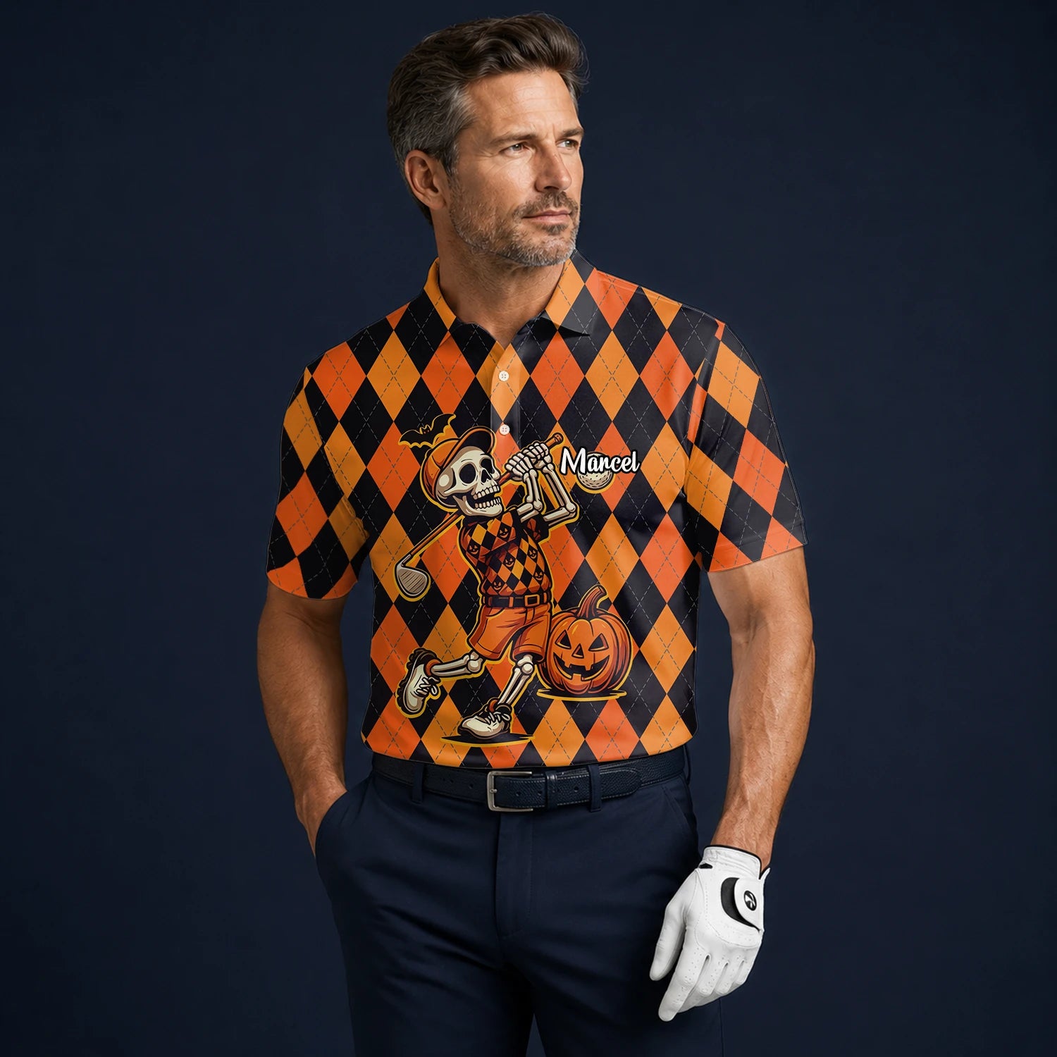 Personalised Orange Black Halloween Skeleton Golfer Argyle Golf Polo Shirt For Men I4585