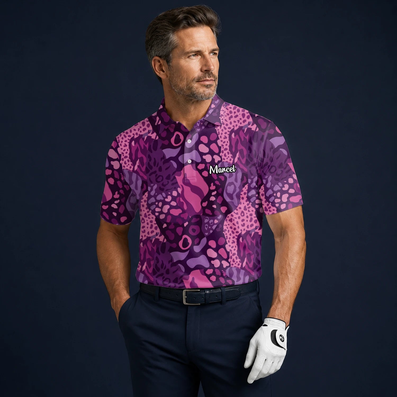 Personalised Purple Pink Leopard Camo Golf Polo Shirt For Men I6540